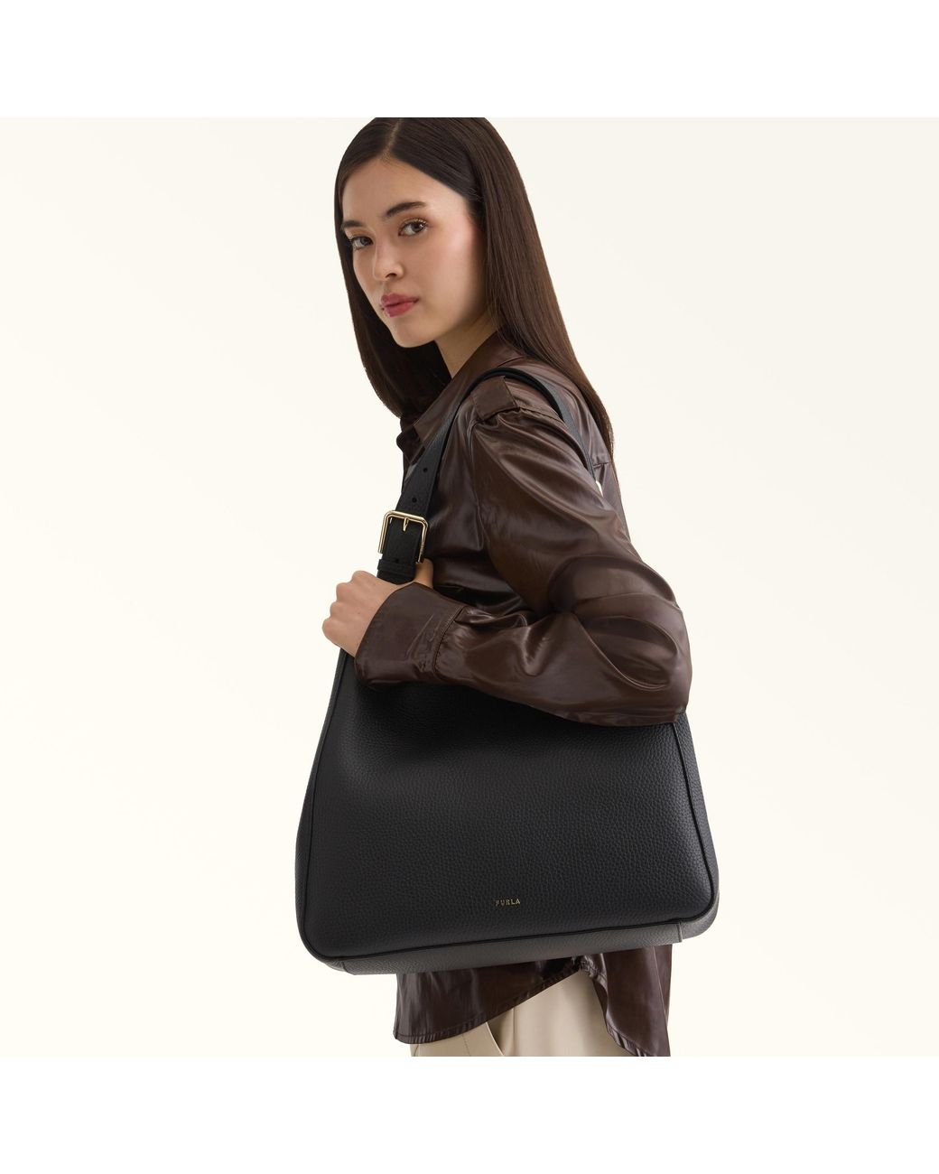 Furla Black Dora Tote M Nero Nisos Double Grained Leather