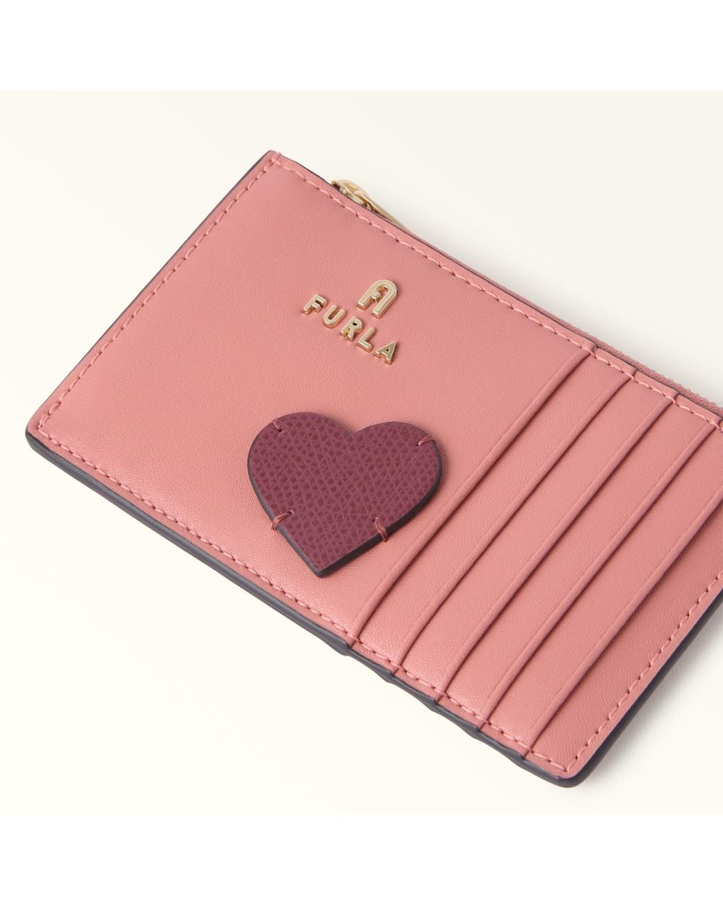Furla Pink Camelia Card Case Toni Rosewood Sidney Calf Leather + Heart Patch