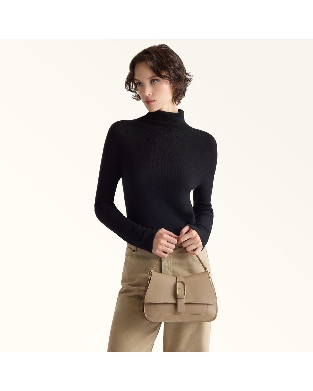 Furla Brown Flow Top Handle Greige Claris Lux Calf Leather