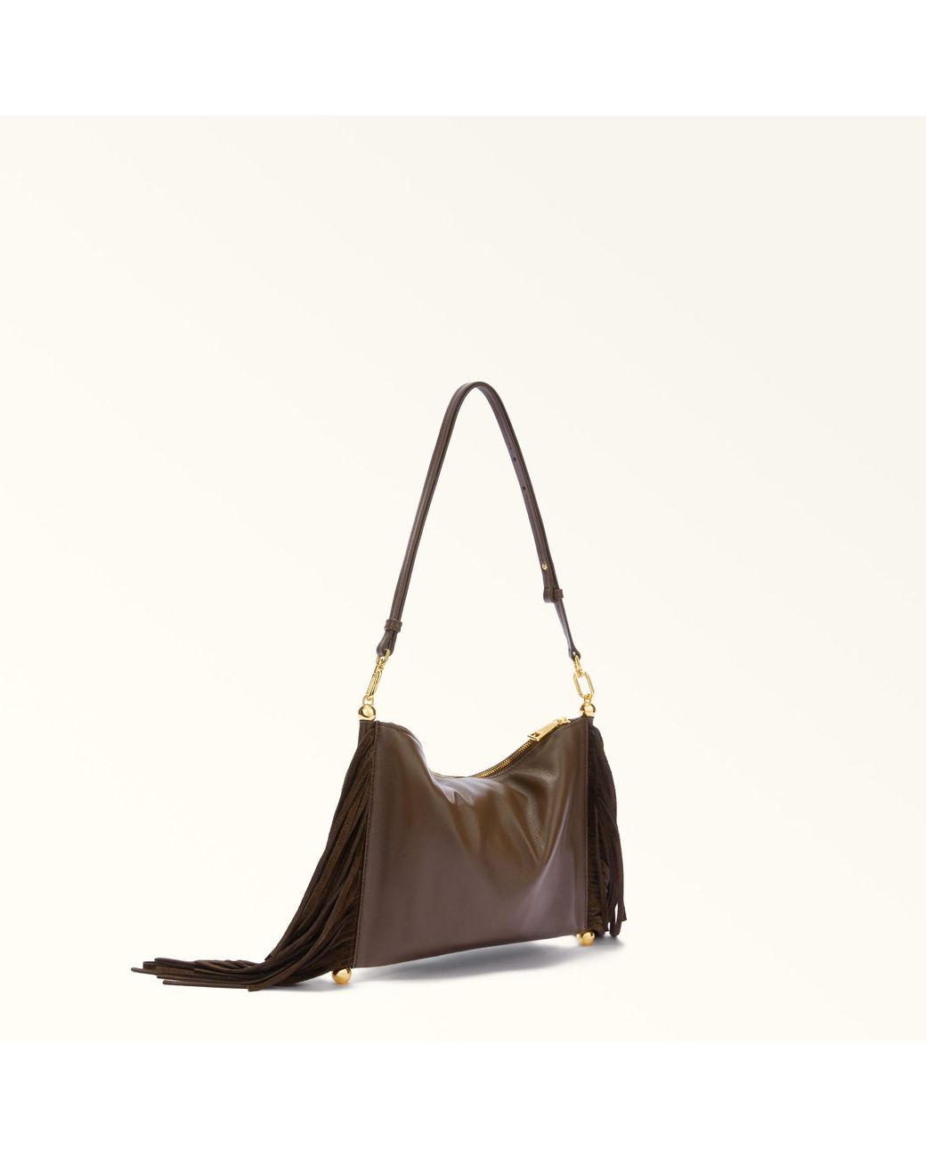 Furla Brown Sfera Soft Shoulder Bag Toni Espresso Nappa Leather + Suede Fringes