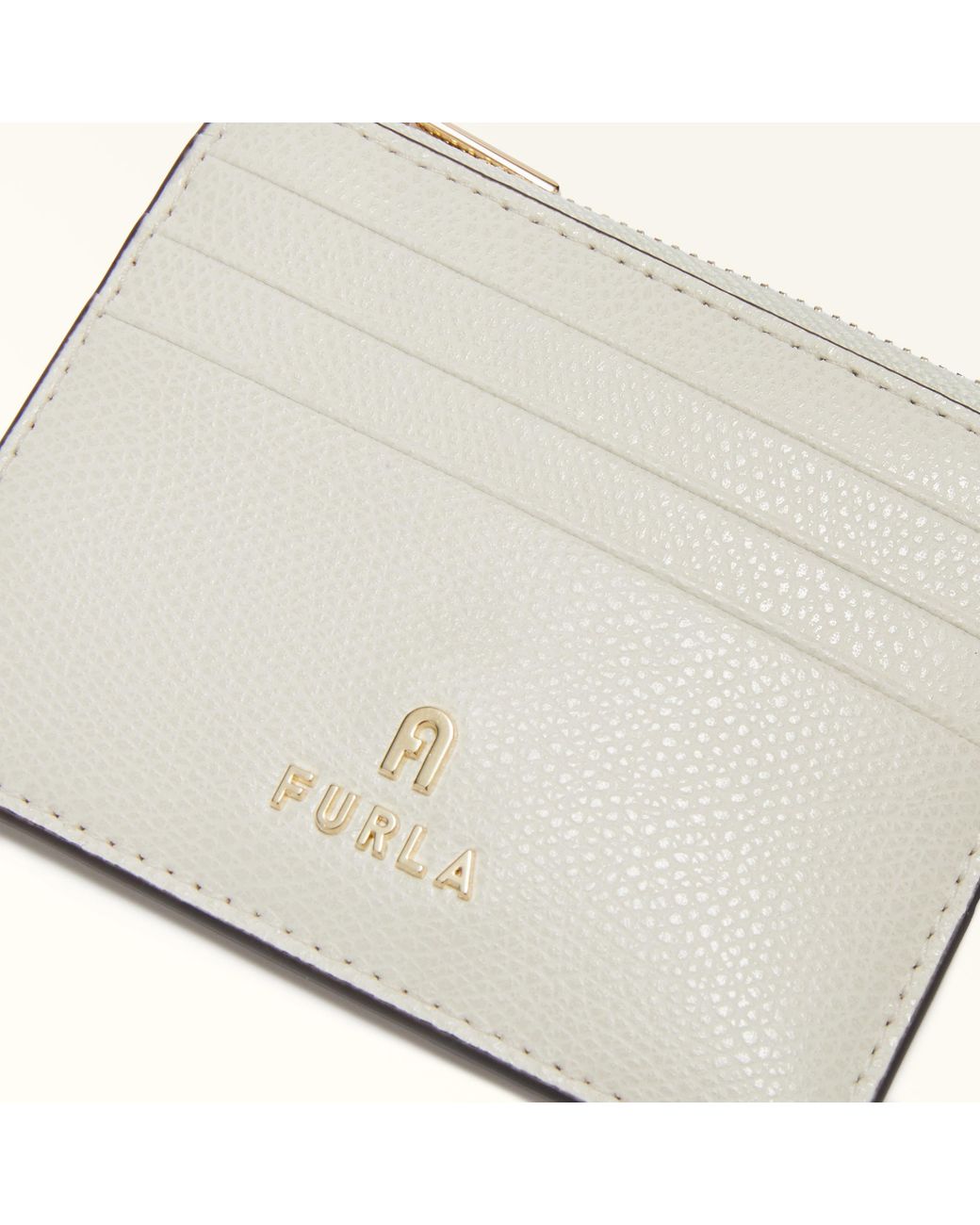 Furla White Camelia Card Case Panna Textured Leather