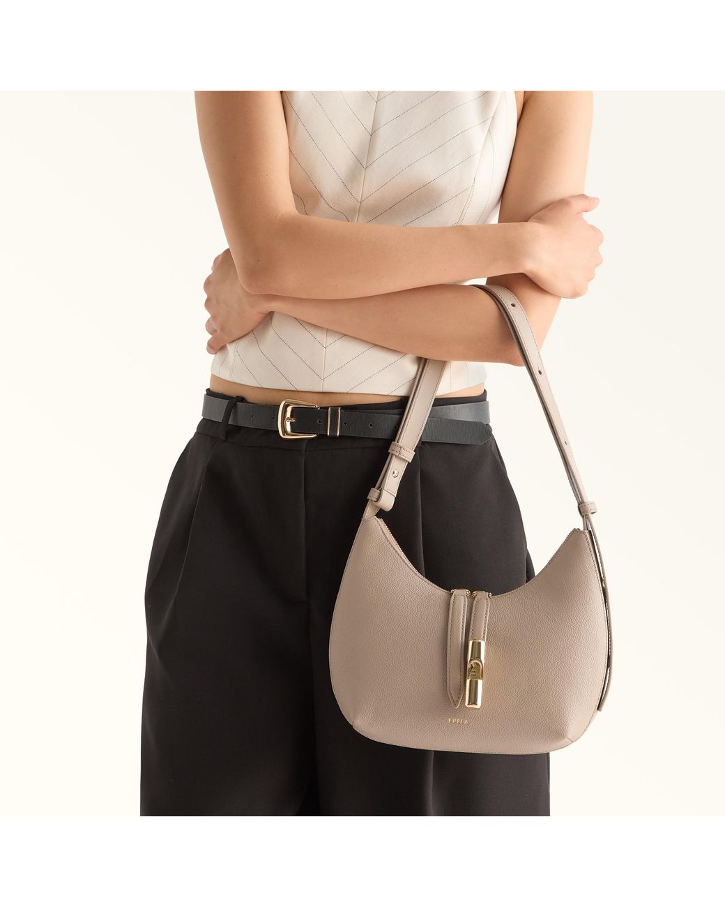 Furla Natural Goccia Shoulder Bag Linen Night Calf Leather + Sidney Calf Leather