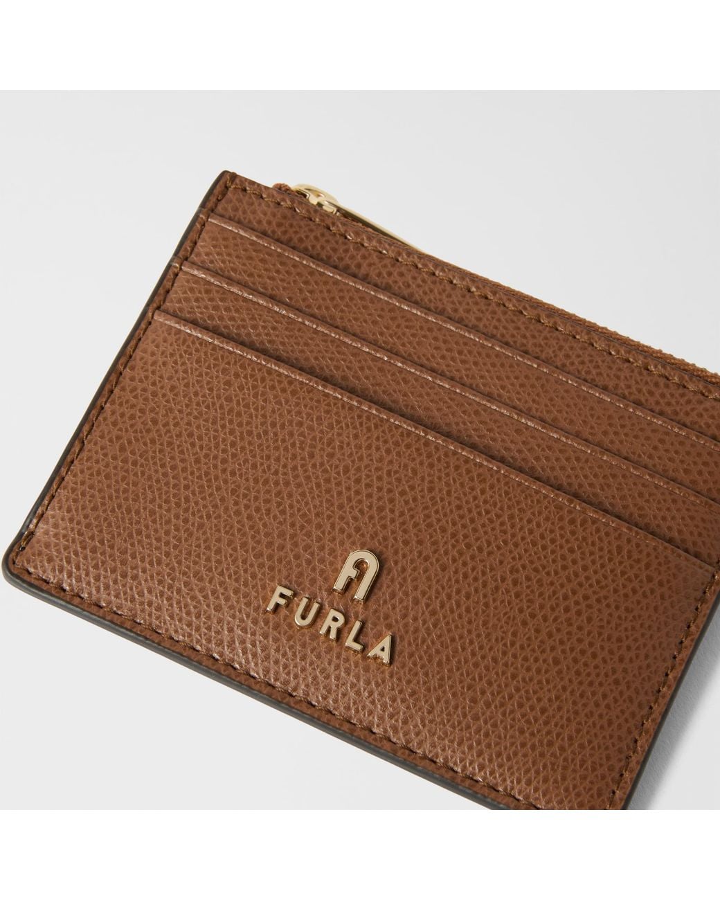 Furla Brown Camelia Card Case Cognac H Textured Leather