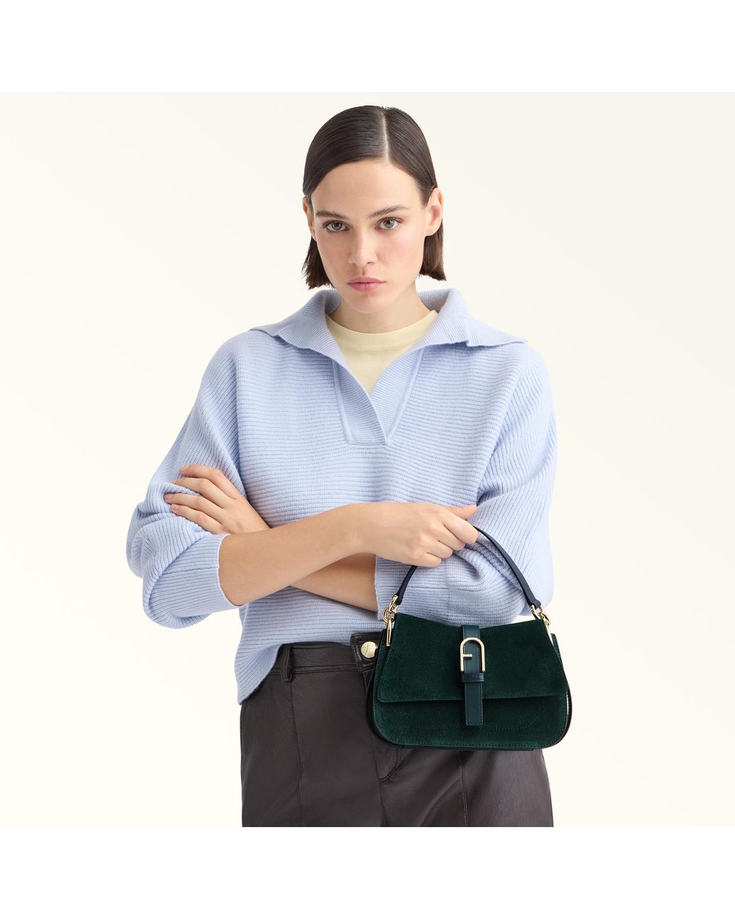 Furla Black Flow Top Handle Mini Toni Dark Forest Suede + Claris Lux Calf Leather