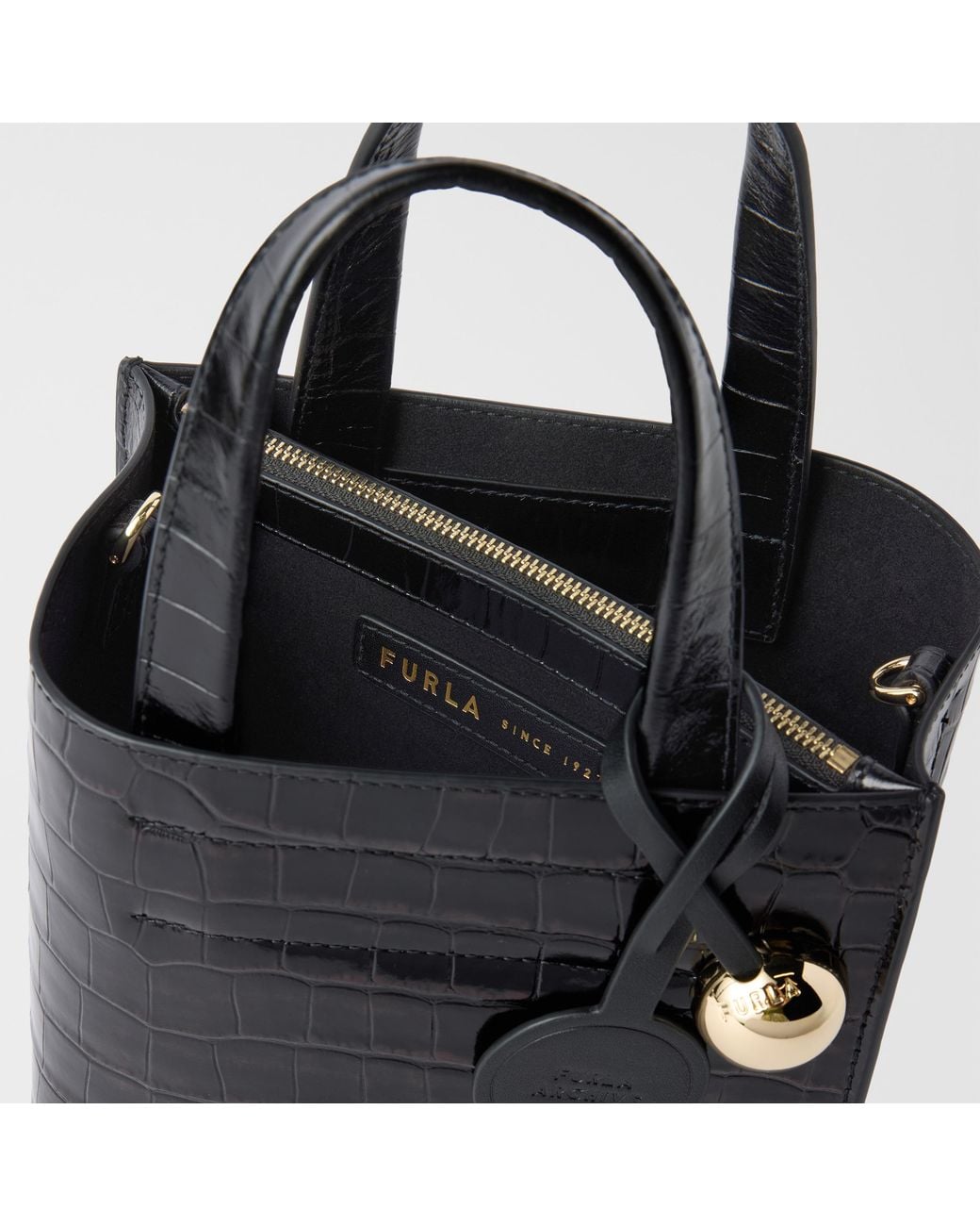 Furla Black Divide It Tote Mini Nero Cocco Print Calf Leather