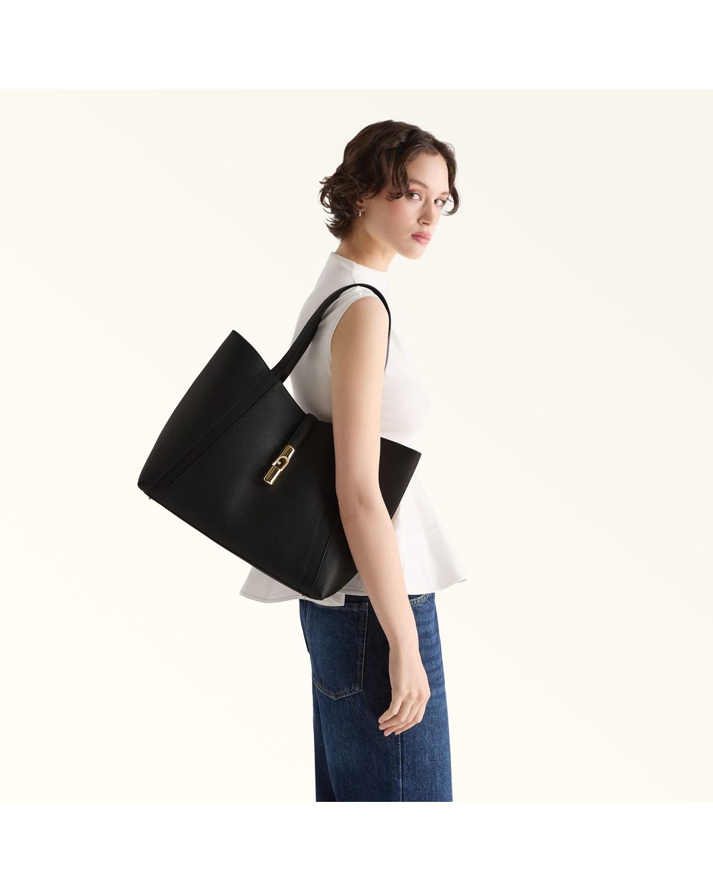 Furla Black Goccia Shoulder Bag Nero Night Calf Leather + Sidney Calf Leather
