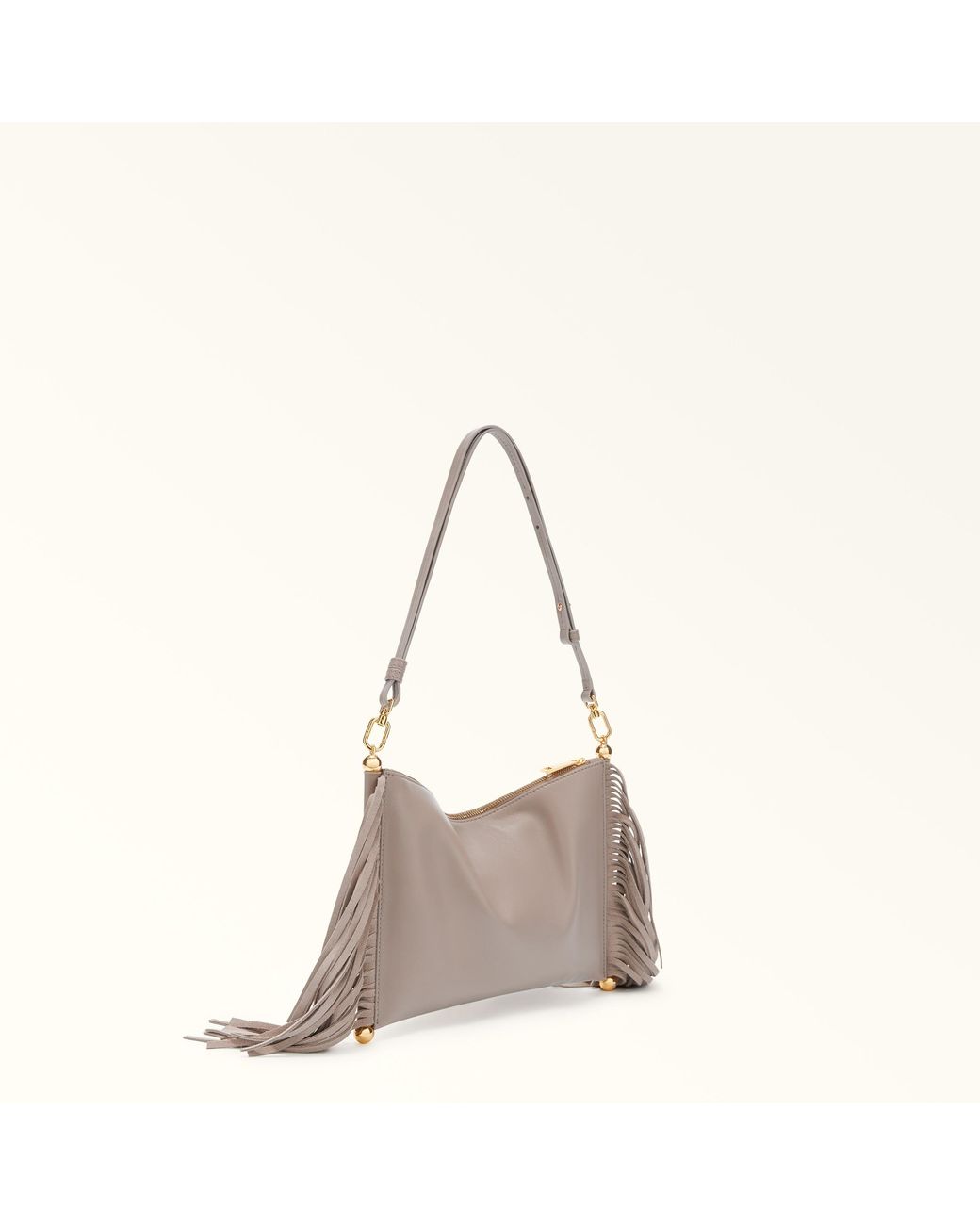 Furla Gray Sfera Soft Shoulder Bag Toni Linen Nappa Leather + Suede Fringes