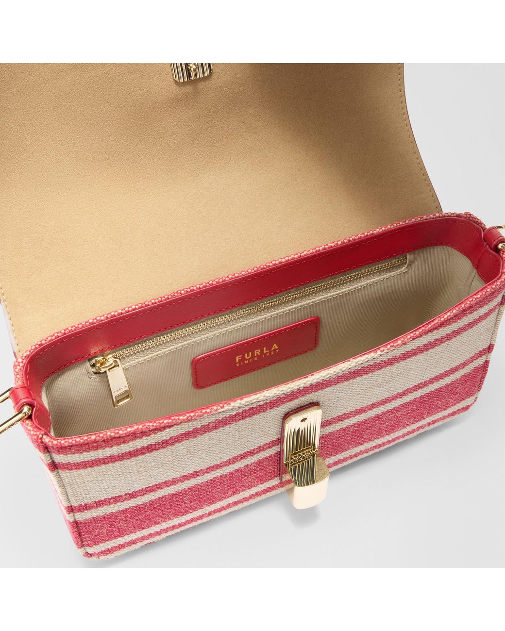 Furla Red Iride Crossbody Toni Lacca Canvas Stripes Fabric + Sidney Calf Leather