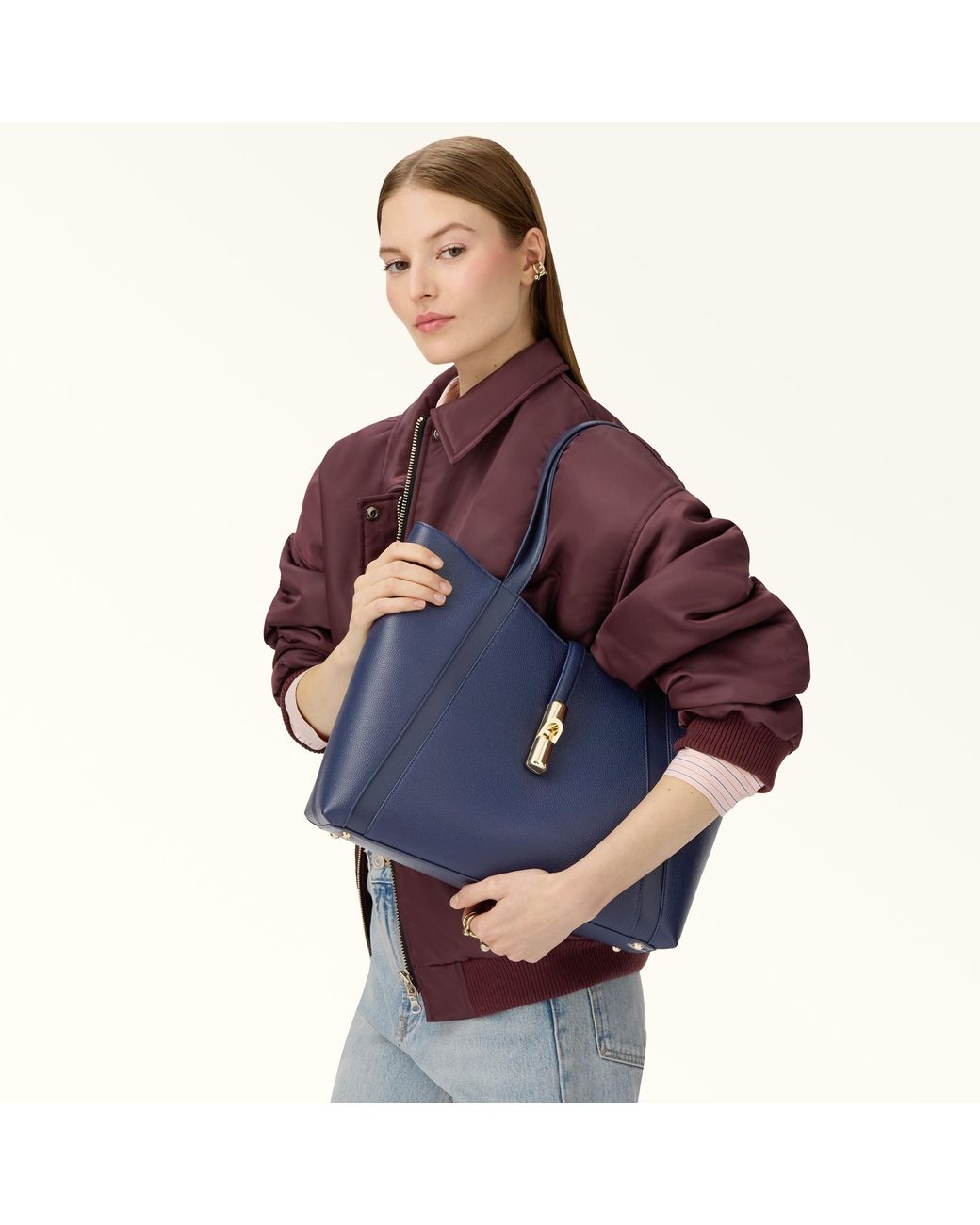 Furla Blue Goccia Tote Blu Reale Night Calf Leather + Sidney Calf Leather