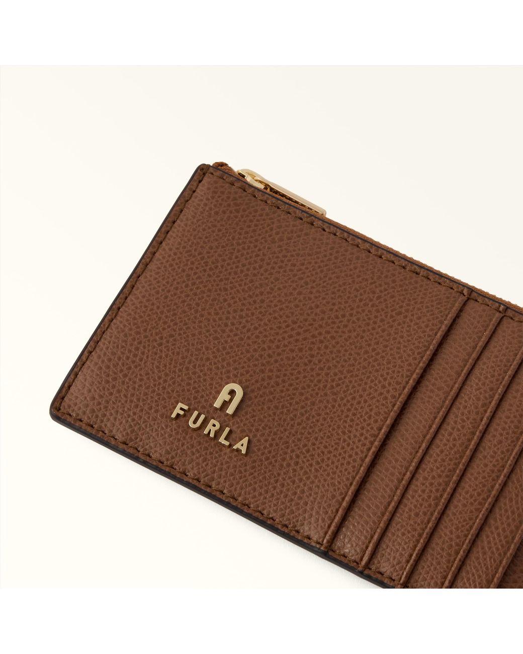 Furla Brown Camelia Card Case Cognac H Textured Leather
