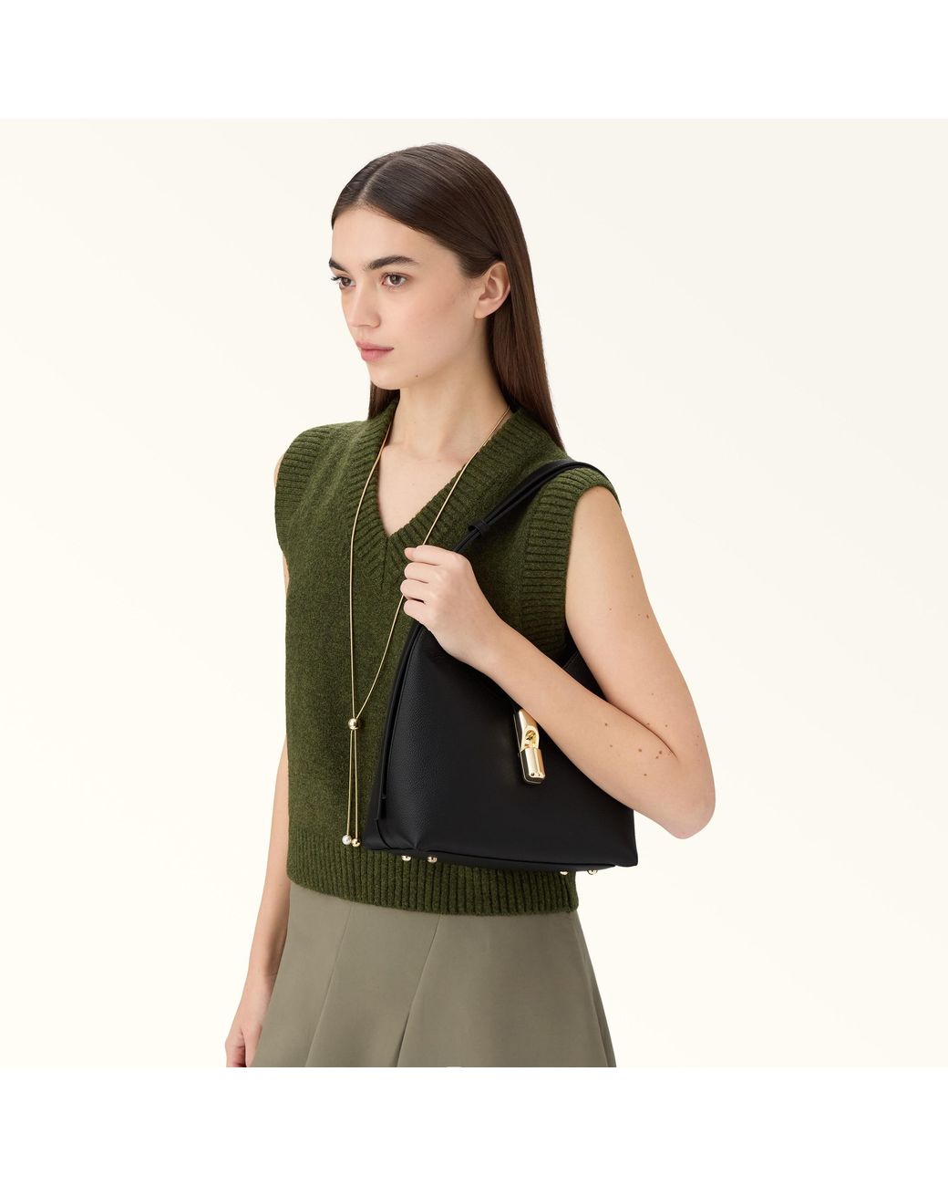 Furla Black Goccia Shoulder Bag Nero Night Calf Leather