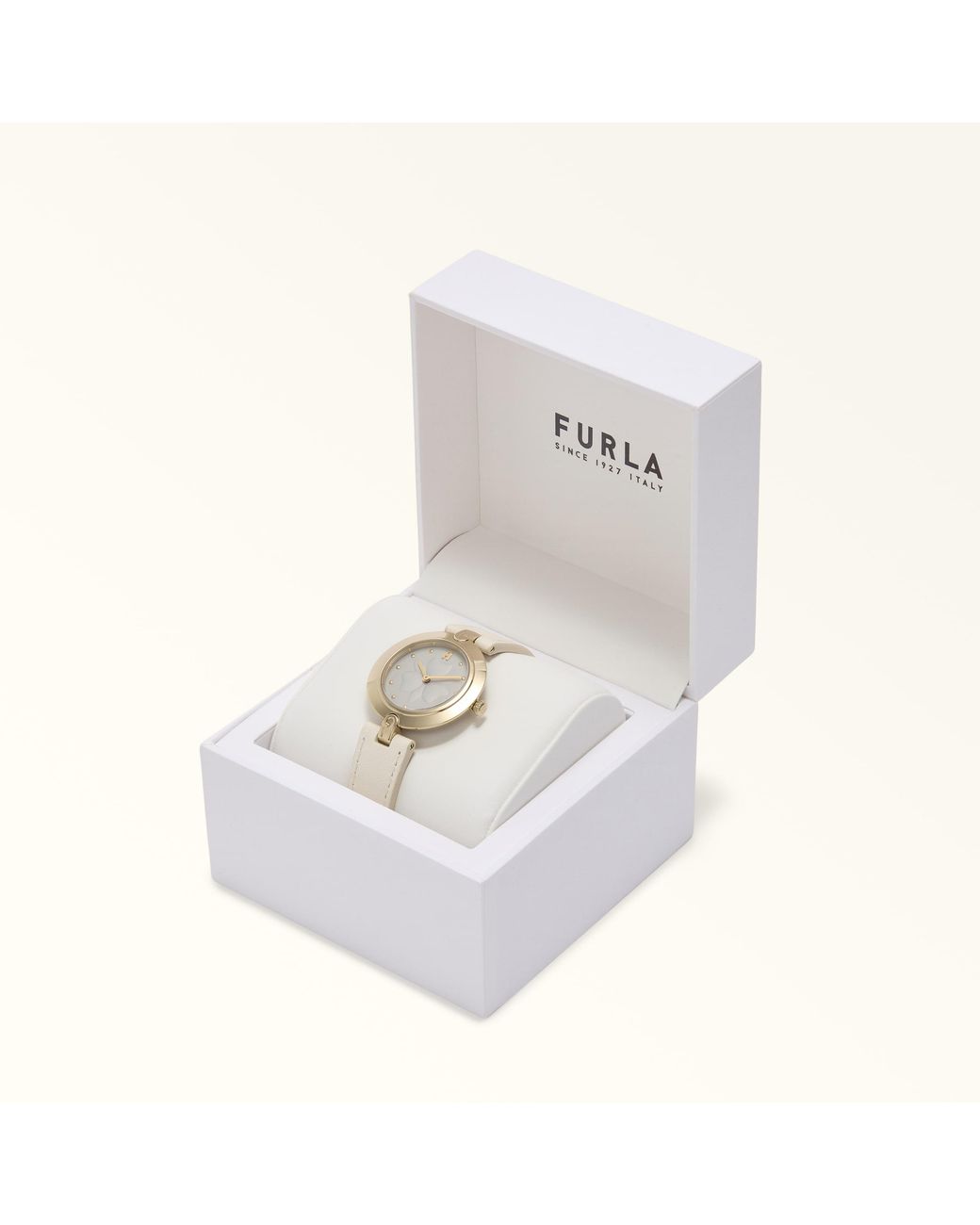 Furla Metallic Logo Links Round Case Watch Panna Leather + Metal