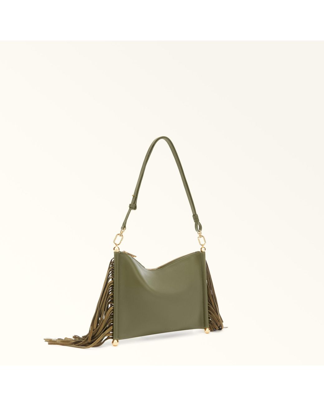 Furla Green Sfera Soft Shoulder Bag Toni Avocado Nappa Leather + Suede Fringes