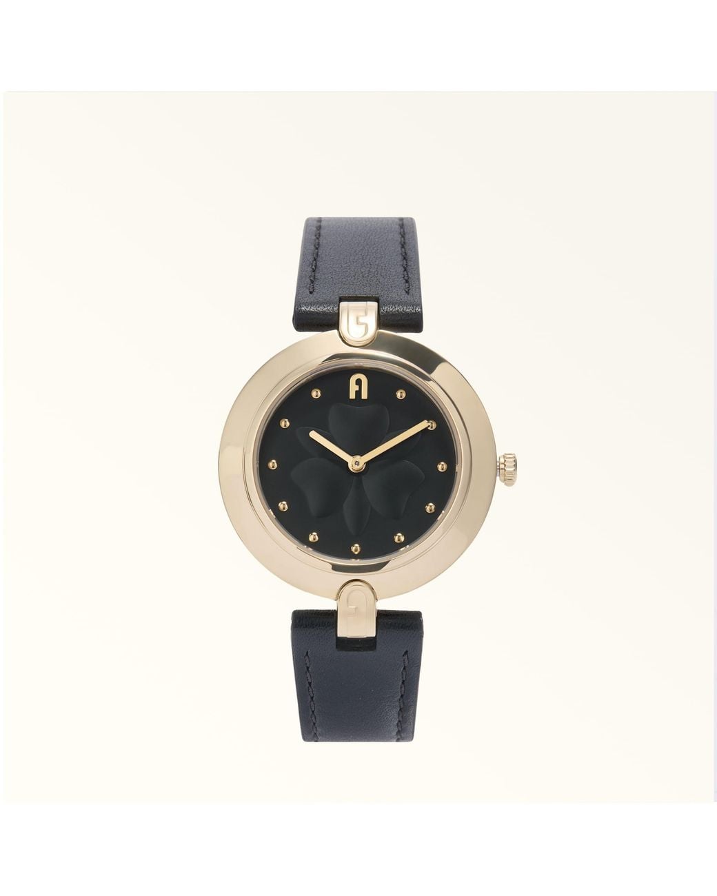 Furla Black Logo Links Round Case Watch Nero Leather + Metal
