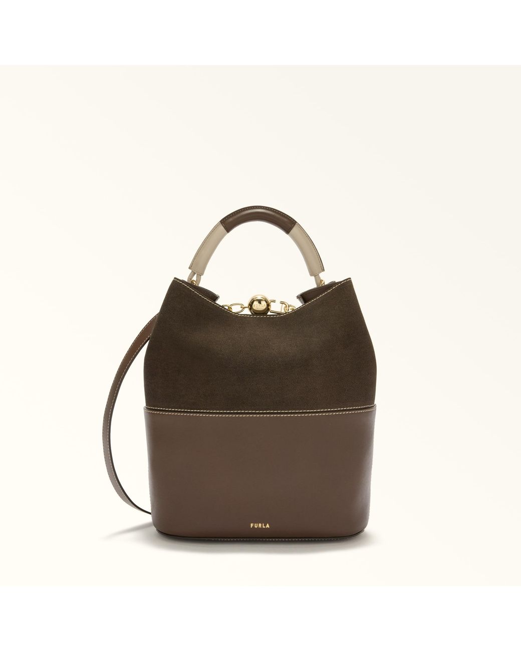 Furla Brown Sfera Bucket Bag Espresso Colorblock Napoli Double Calf Leather + Roma Soft Calf Leather Colorblock