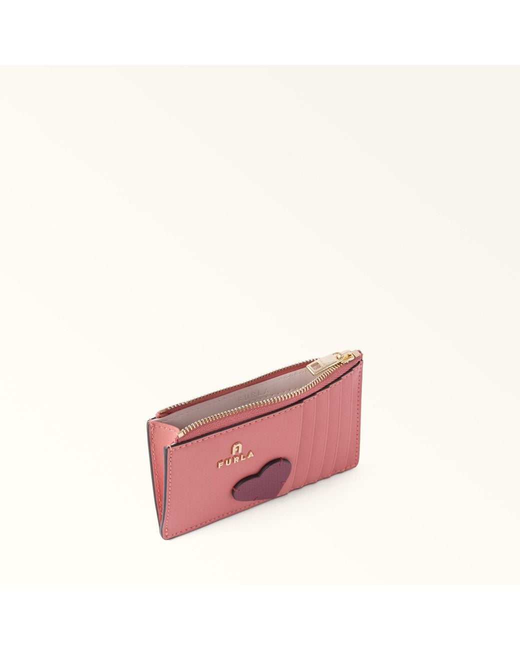 Furla Pink Camelia Card Case Toni Rosewood Sidney Calf Leather + Heart Patch