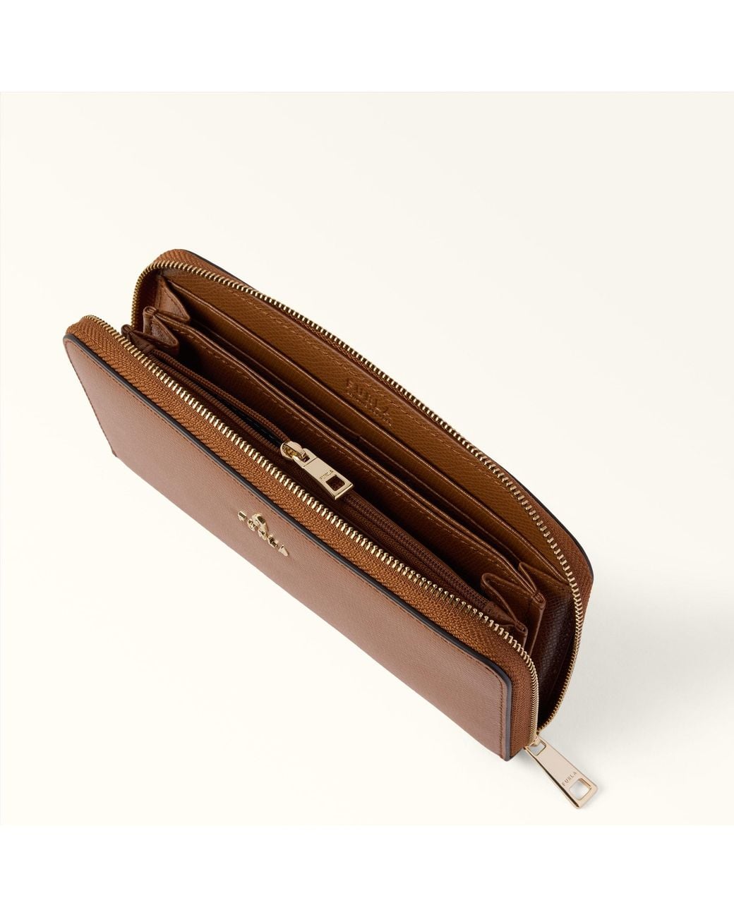 Furla Brown Camelia Zip Around Cognac H Textured Leather