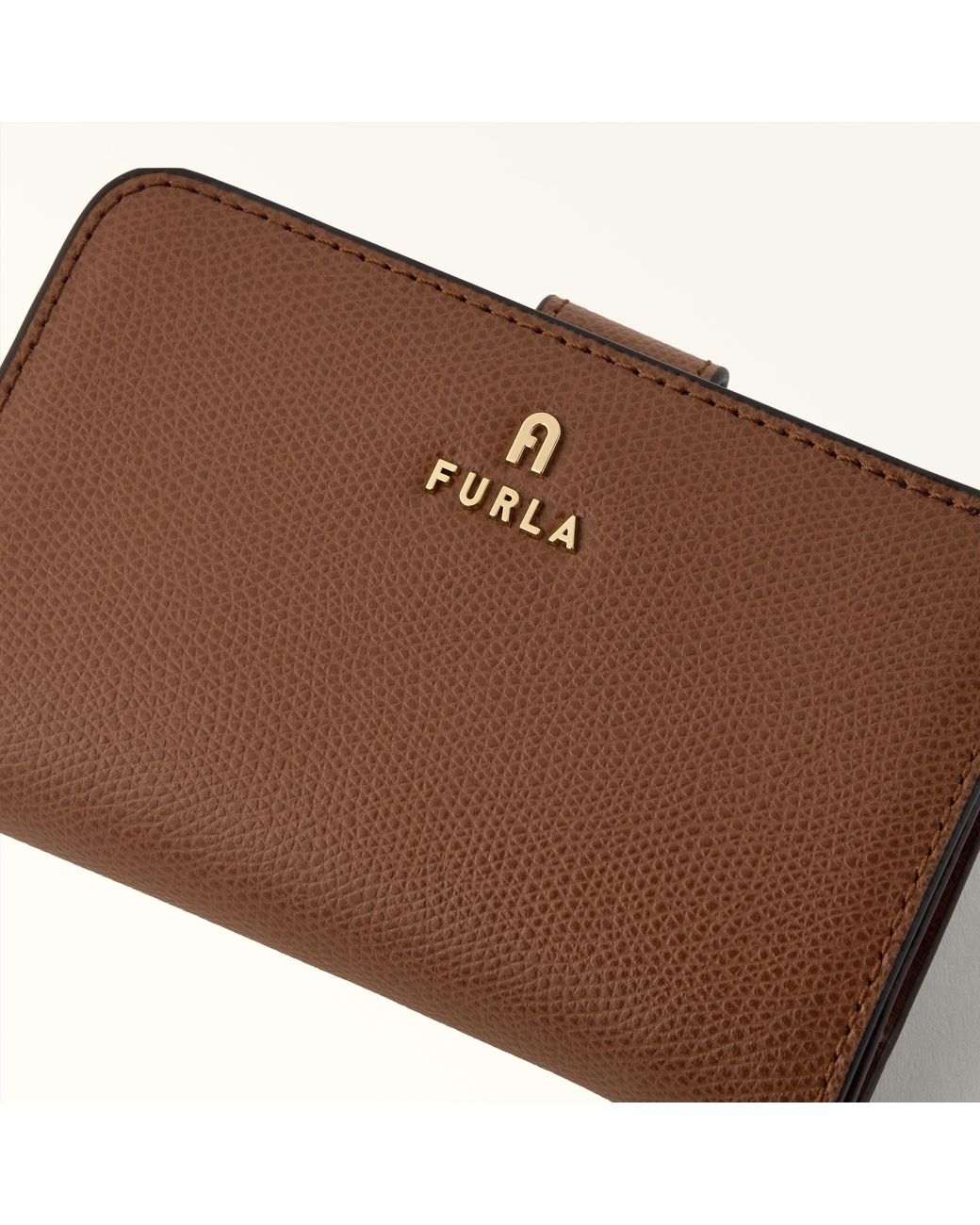 Furla Brown Camelia Compact Wallet Cognac H Textured Leather