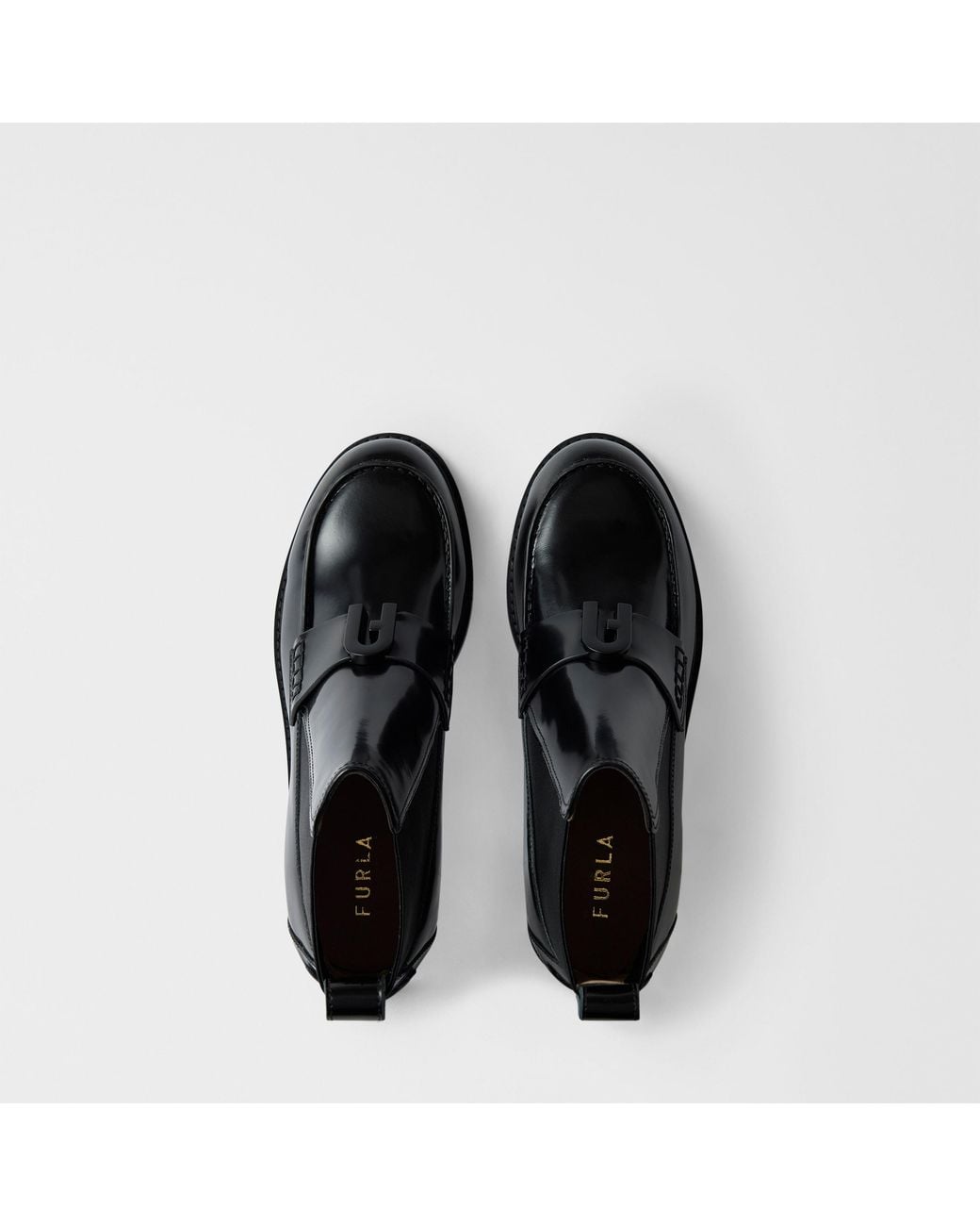 Furla Black College Ankle Boots Nero Calf Leather With Shining Effect