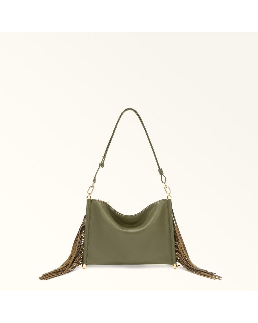 Furla Green Sfera Soft Shoulder Bag Toni Avocado Nappa Leather + Suede Fringes