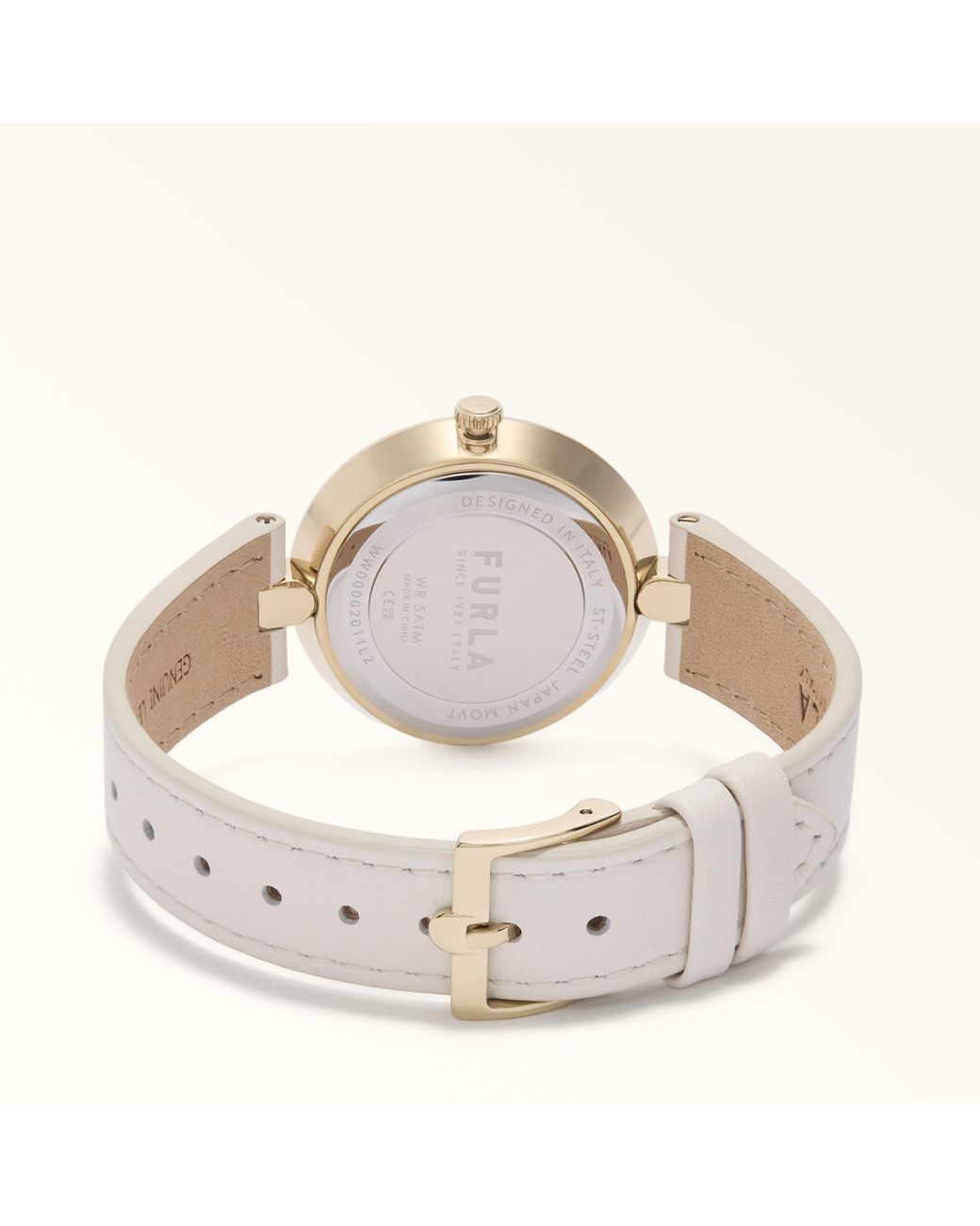 Furla Metallic Logo Links Round Case Watch Panna Leather + Metal