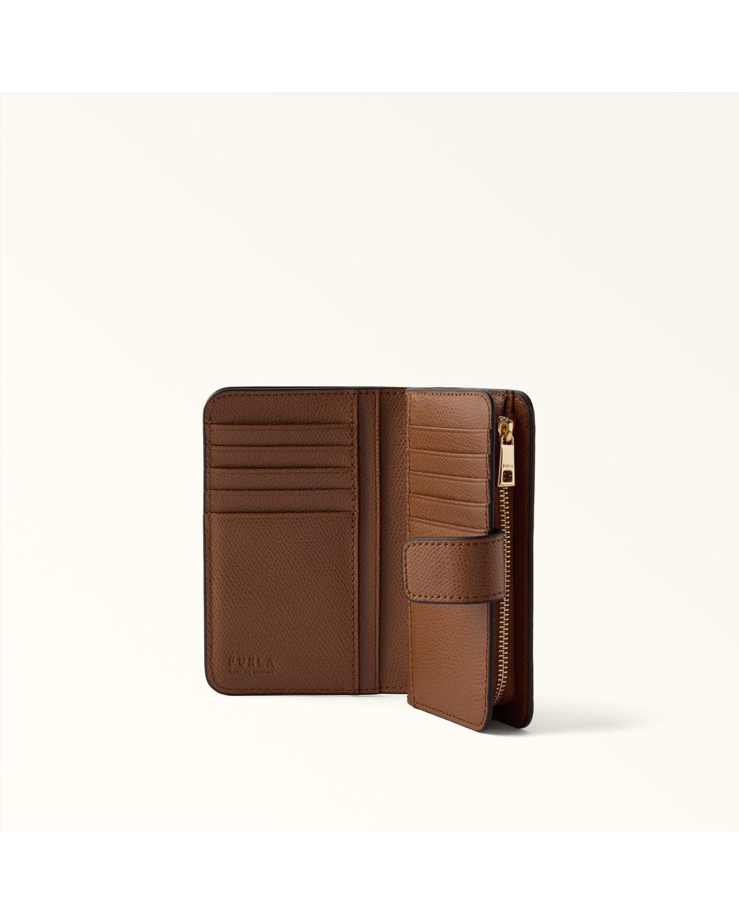 Furla Brown Camelia Compact Wallet Cognac H Textured Leather
