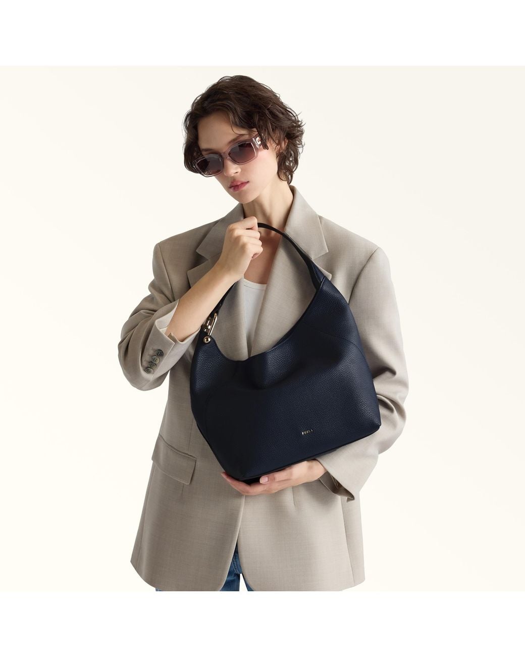 Furla Blue Lara Shoulder Bag Mediterraneo Grained Calf Leather