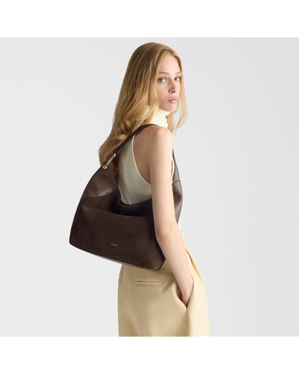 Furla Brown Lara Shoulder Bag Toni Espresso Suede + Grained Calf Leather