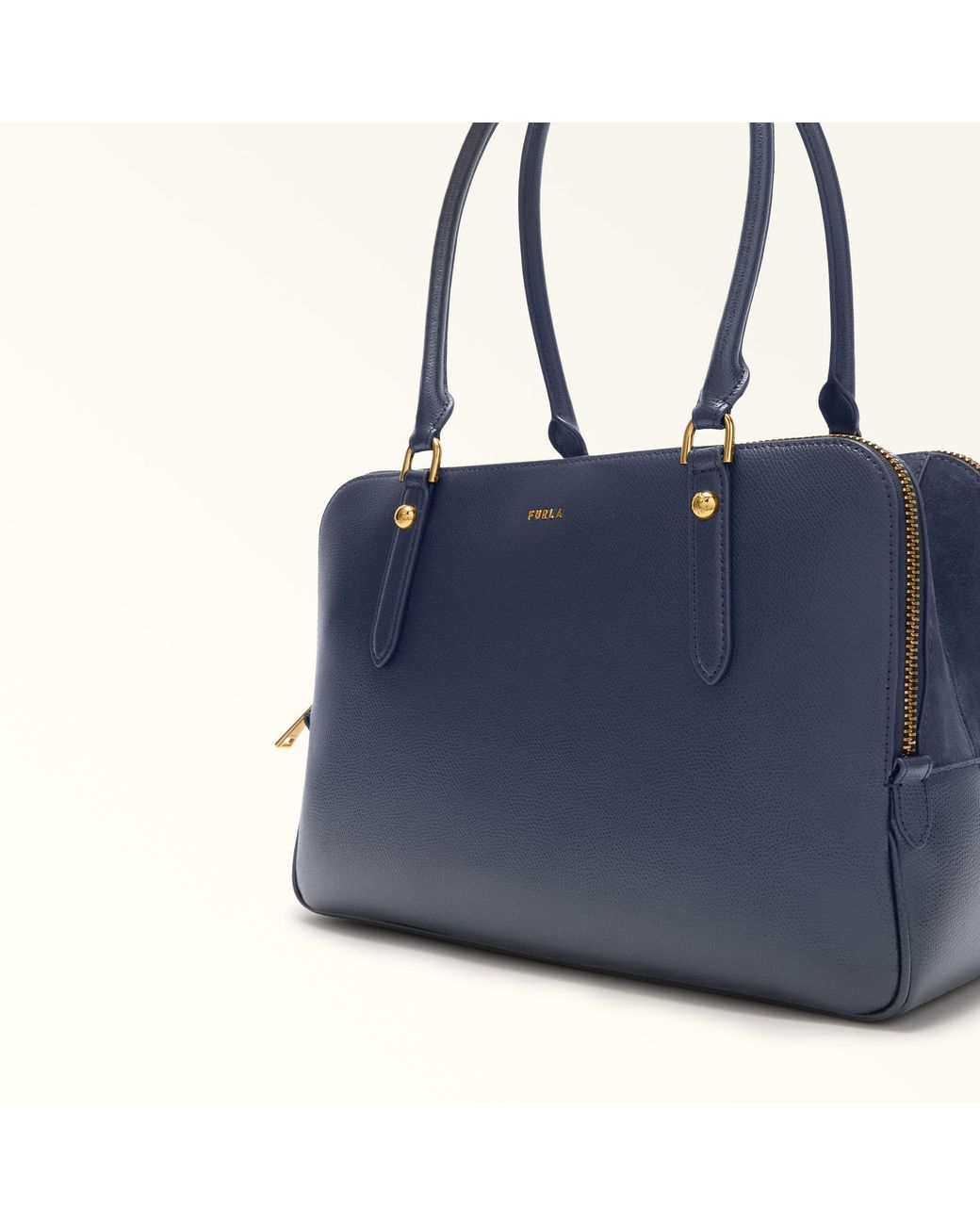 Furla Blue Giulia Boston Bag L Mediterraneo Textured Leather + Suede