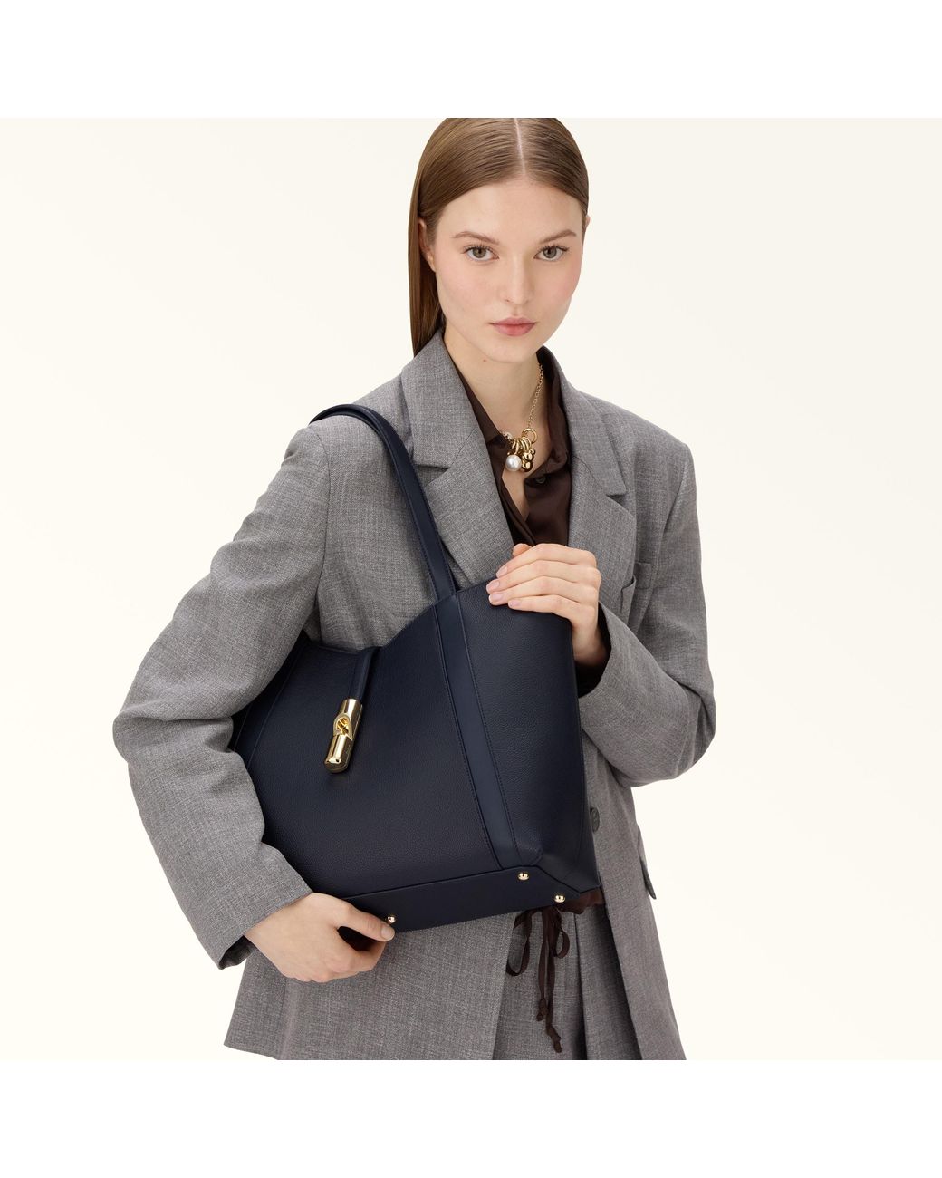 Furla Blue Goccia Tote Ink Night Calf Leather + Sidney Calf Leather