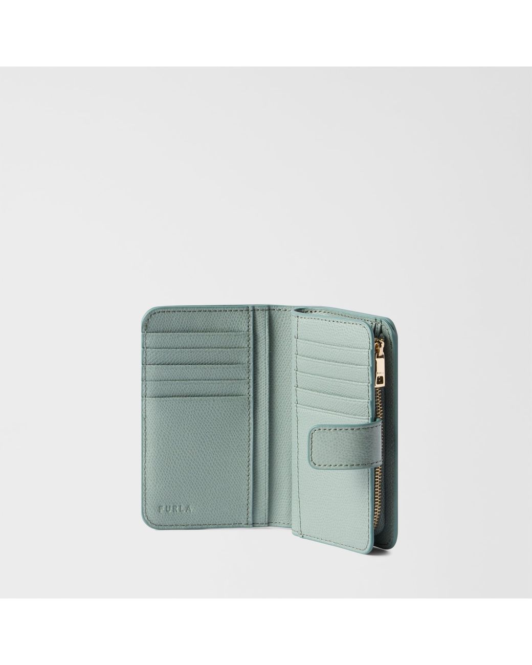 Furla Green Camelia Compact Wallet Winter Sky Varnished Ares Textured Leather