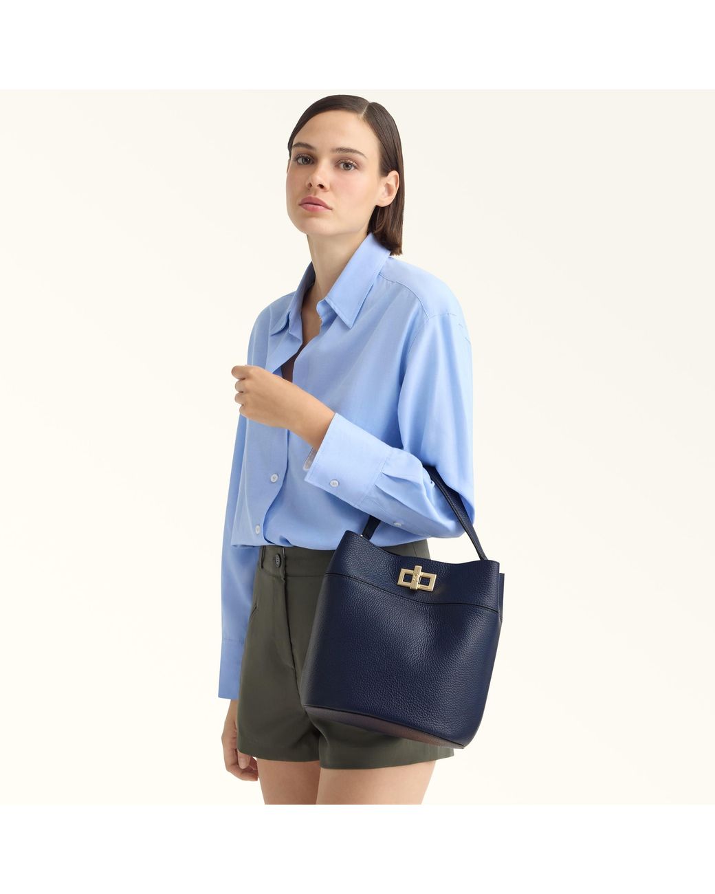 Furla Blue Amelia Bucket Bag Ink Grained Calf Leather
