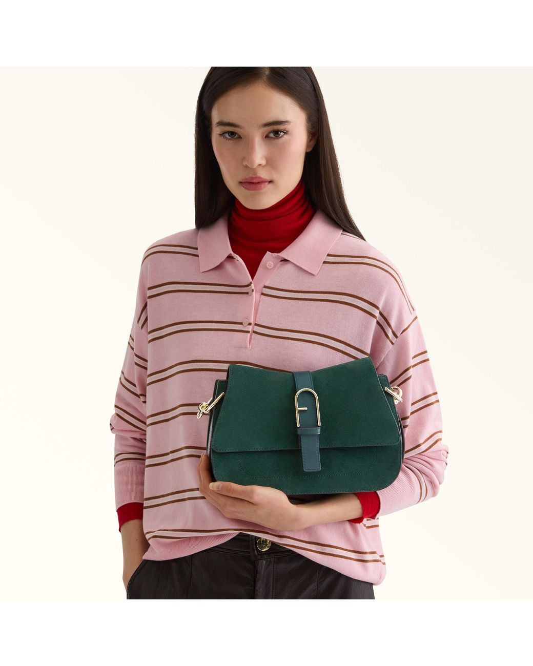 Furla Green Flow Top Handle Toni Dark Forest Suede + Claris Lux Calf Leather