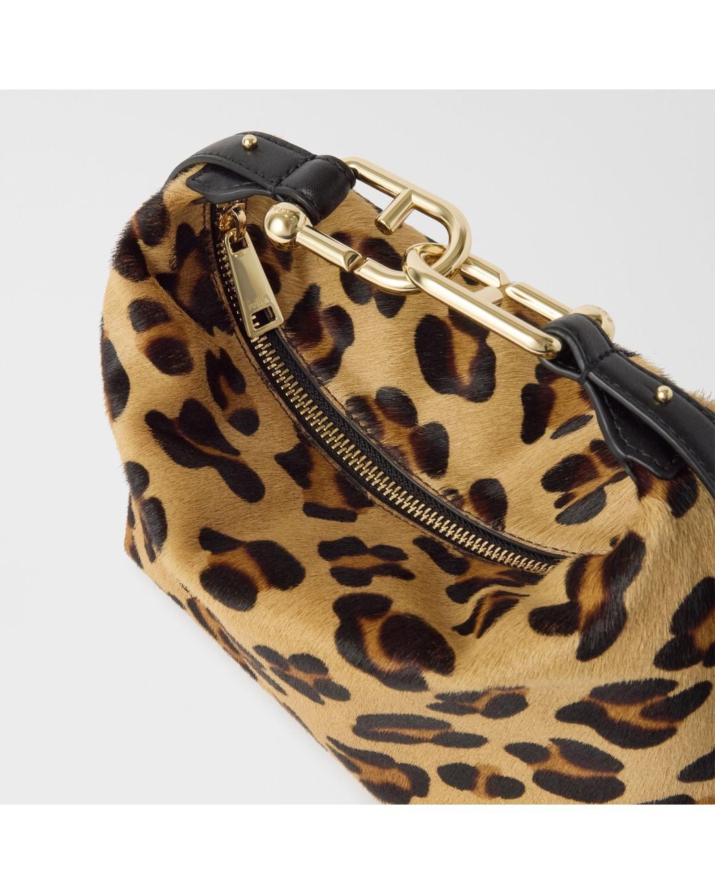 Furla Metallic Tonie Shoulder Bag Xl Toni Cioccolato Leopard Print Pony Calf Leather