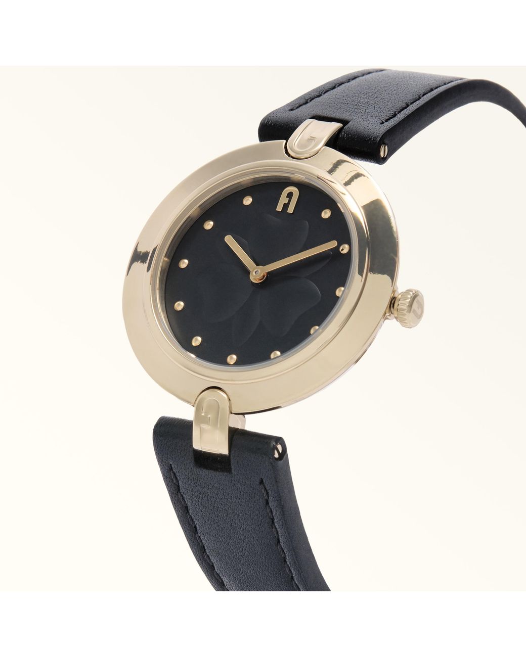 Furla Black Logo Links Round Case Watch Nero Leather + Metal