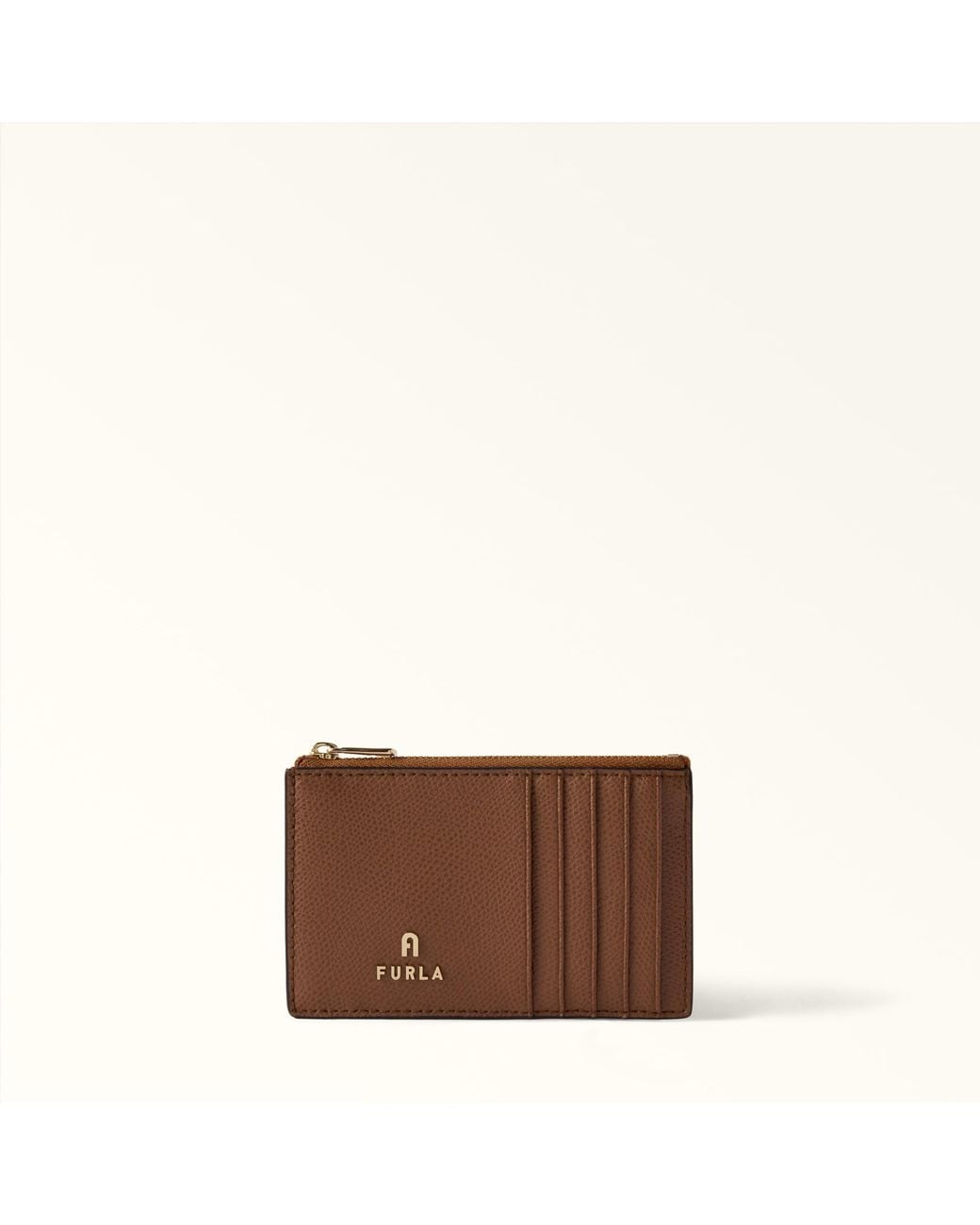 Furla Brown Camelia Card Case Cognac H Textured Leather