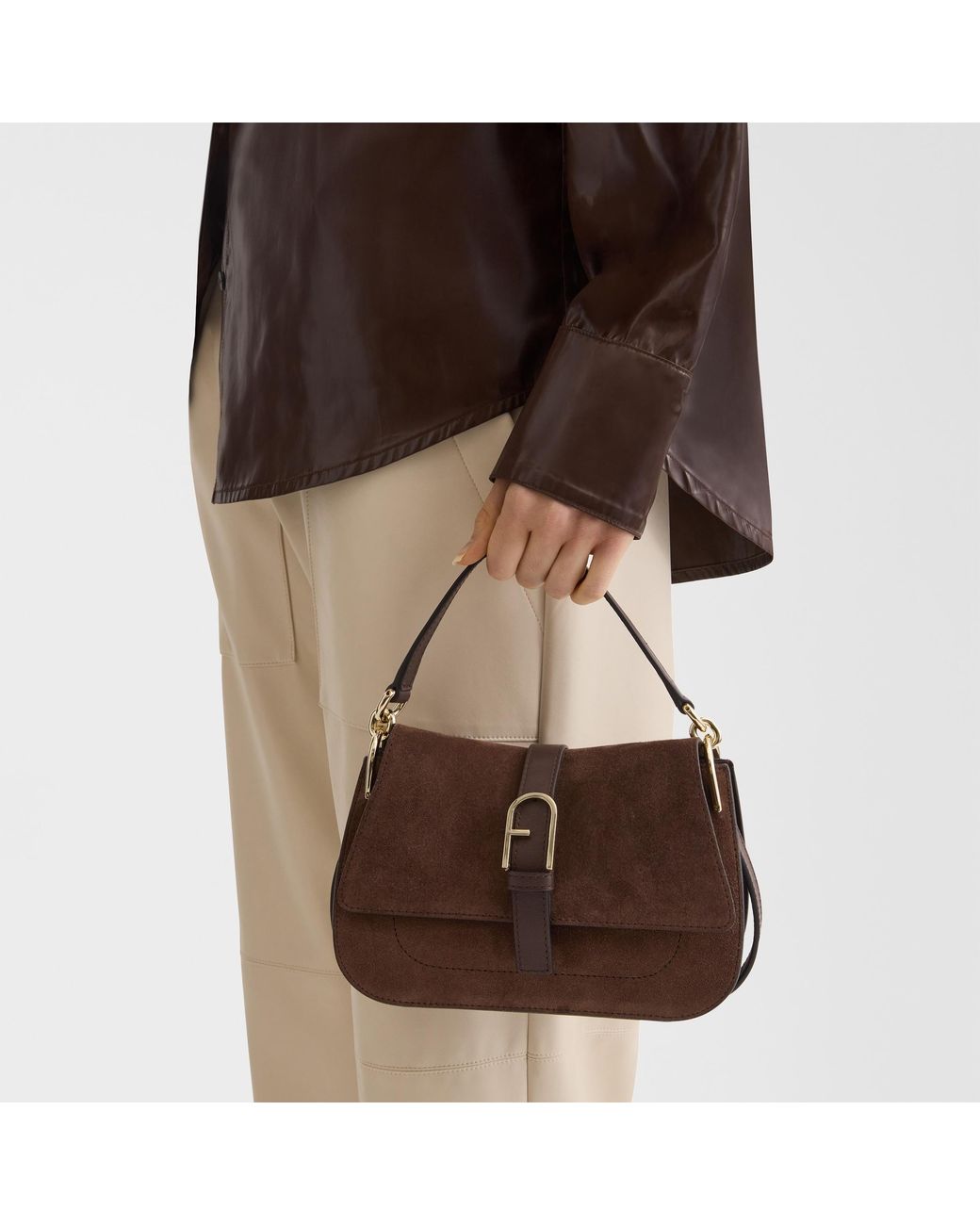 Furla Brown Flow Top Handle Mini Toni Cioccolato Suede + Claris Lux Calf Leather