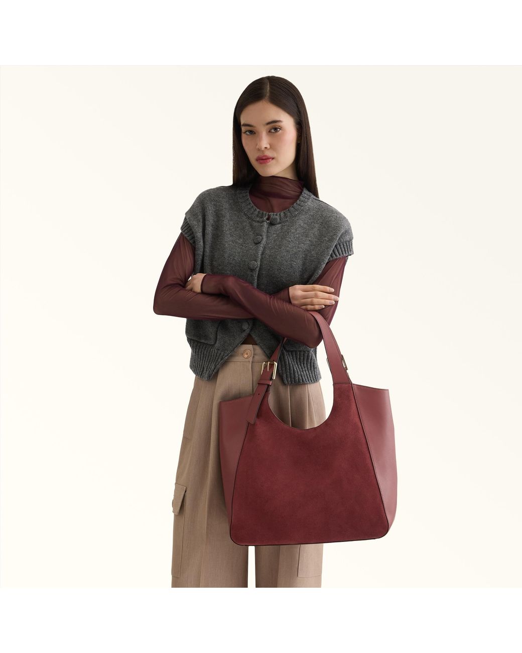 Furla Red Dora Tote Toni Marsala Suede + Sidney Calf Leather