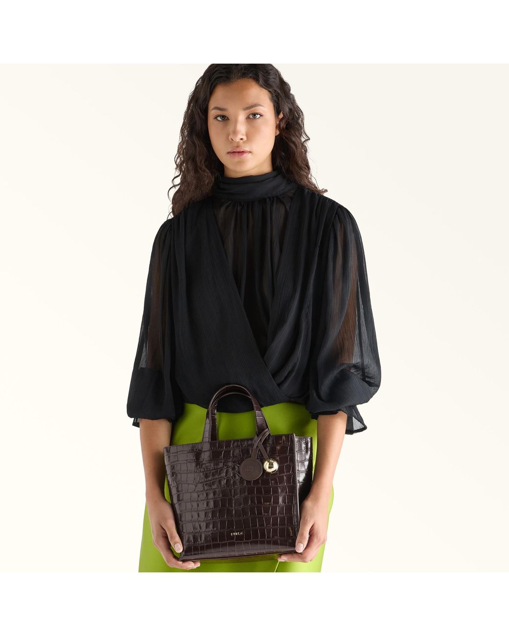 Furla Black Divide It Tote Cioccolato Cocco Print Calf Leather