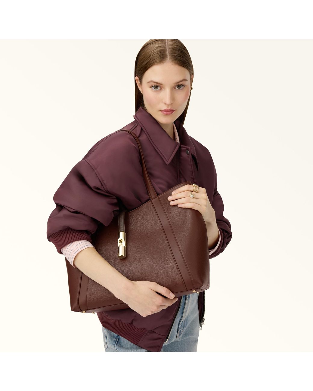 Furla Brown Goccia Tote Cioccolato Night Calf Leather + Sidney Calf Leather