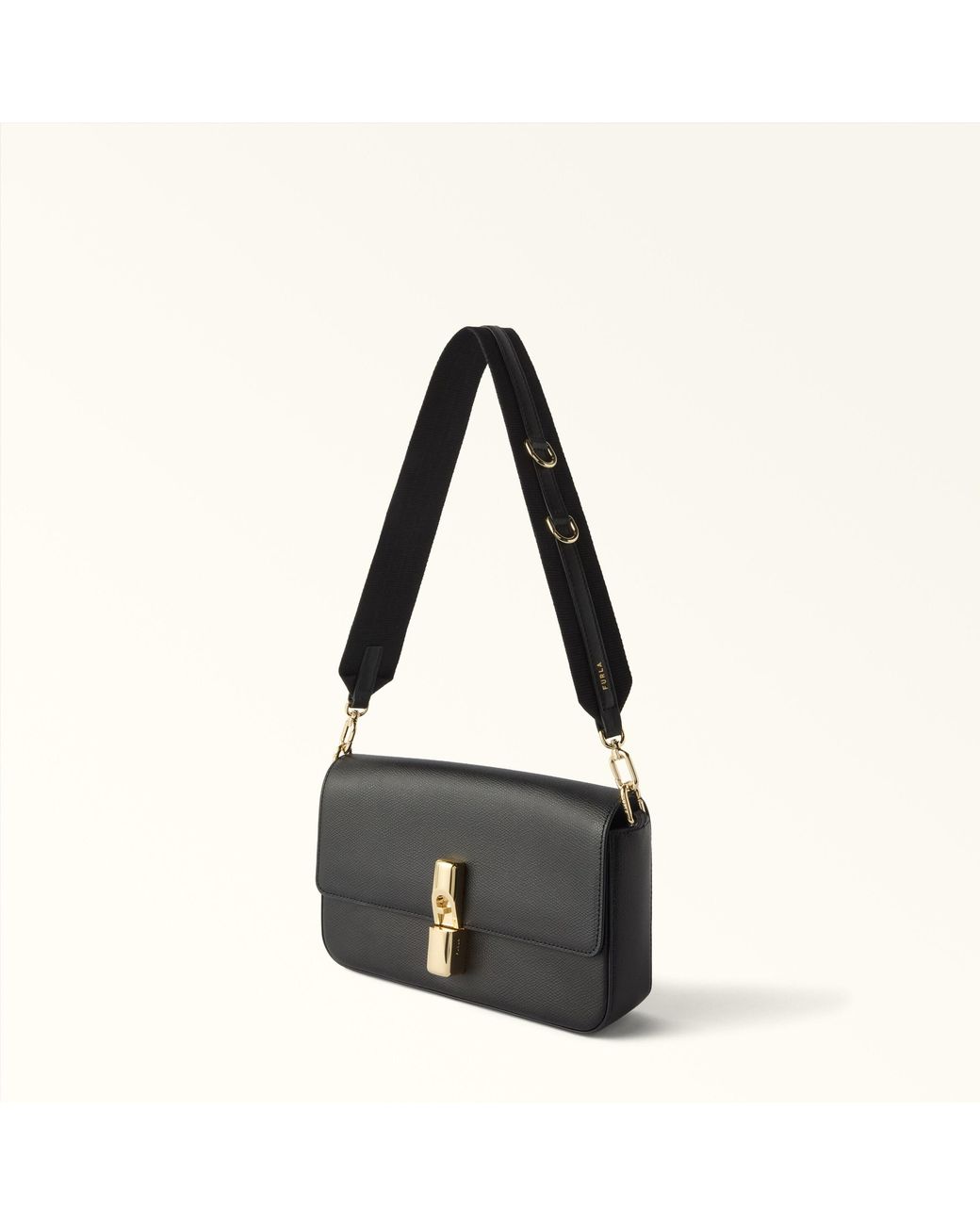 Furla Black Fiona Shoulder Strap Toni Nero Ribbon Fabric + Sidney Calf Leather