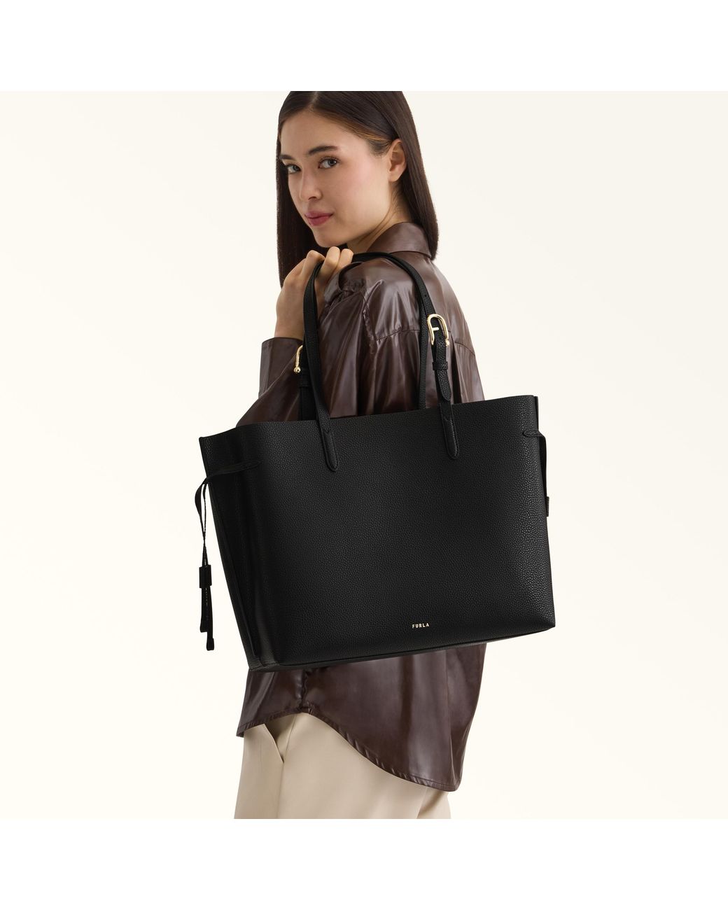 Furla Black Ava Tote Nero Double Pebble Calf Leather