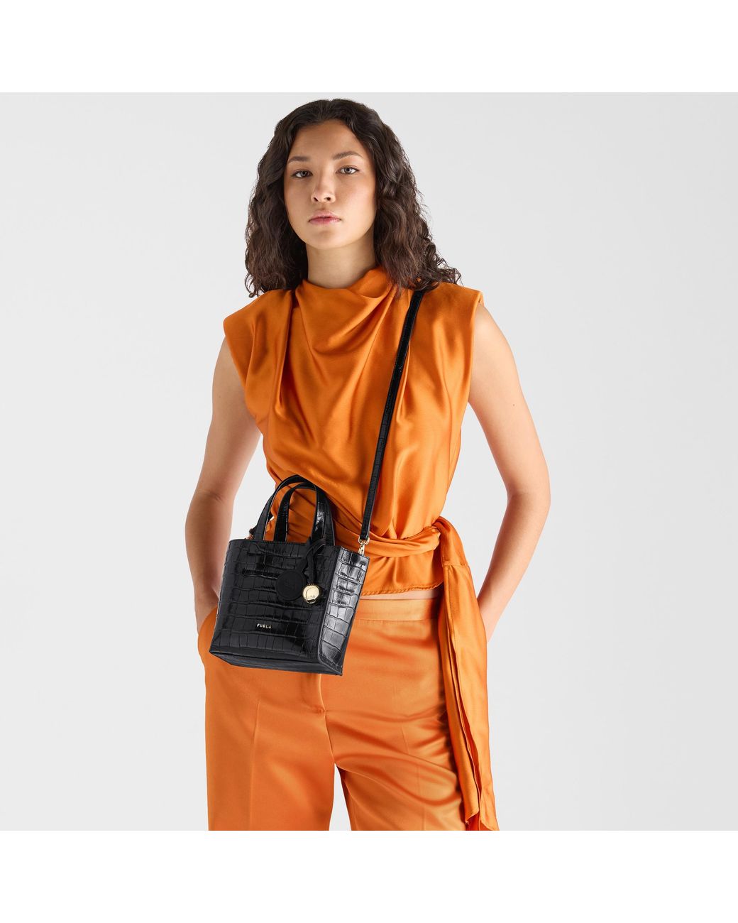 Furla Black Divide It Tote Mini Nero Cocco Print Calf Leather