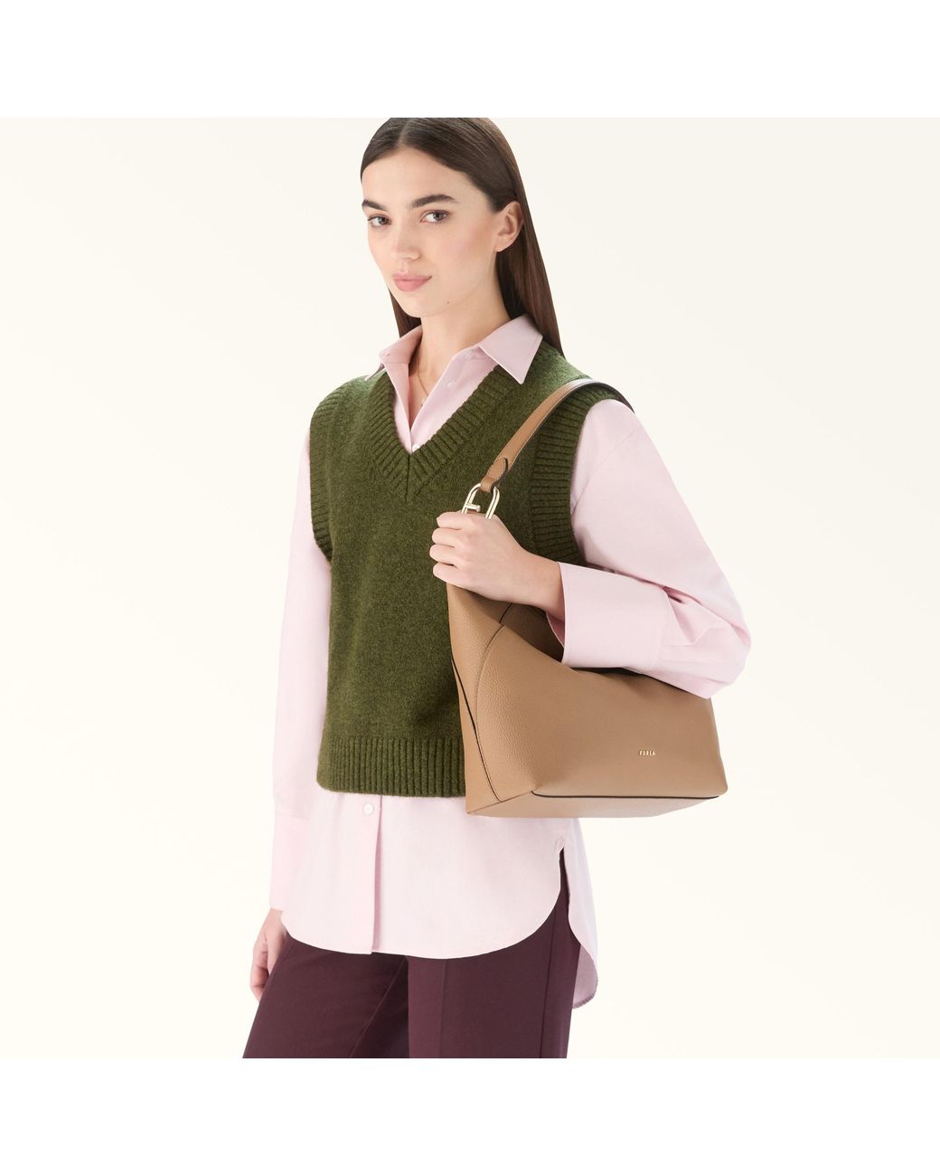 Furla Natural Lara Shoulder Bag Deserto Grained Calf Leather