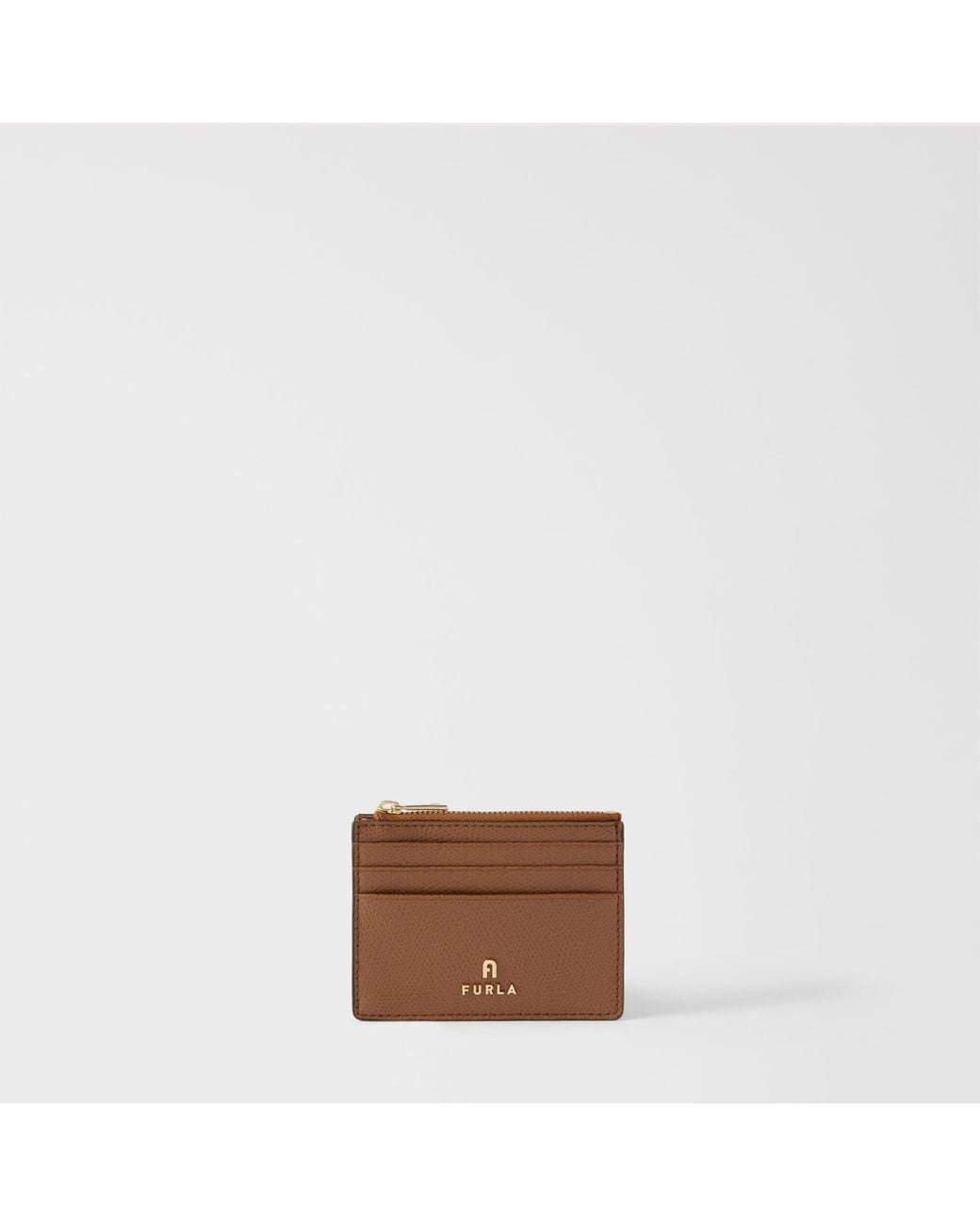 Furla Brown Camelia Card Case Cognac H Textured Leather