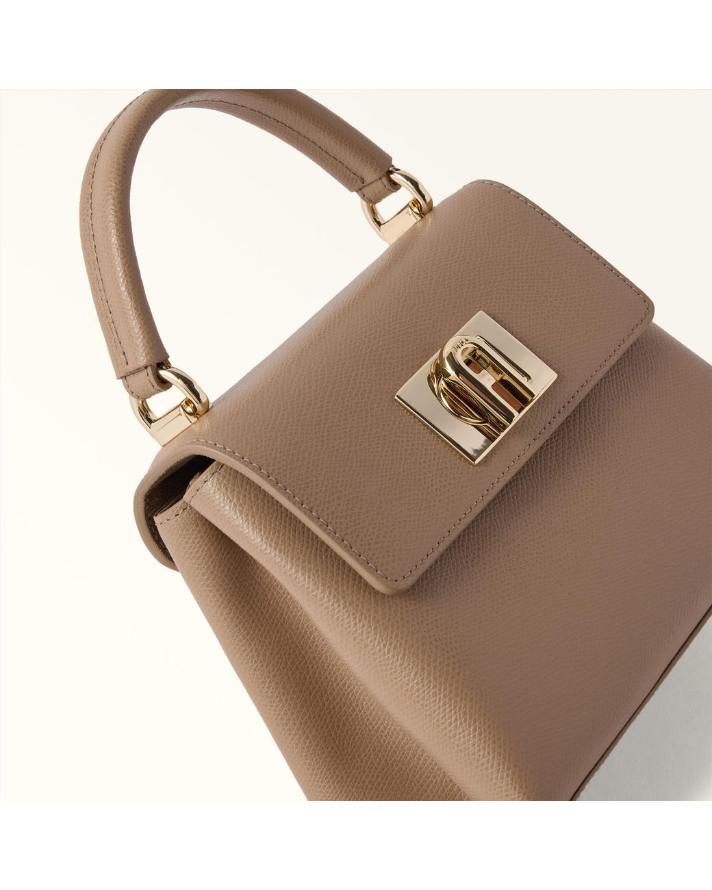 Furla Brown 1927 Top Handle Mini Greige Textured Leather