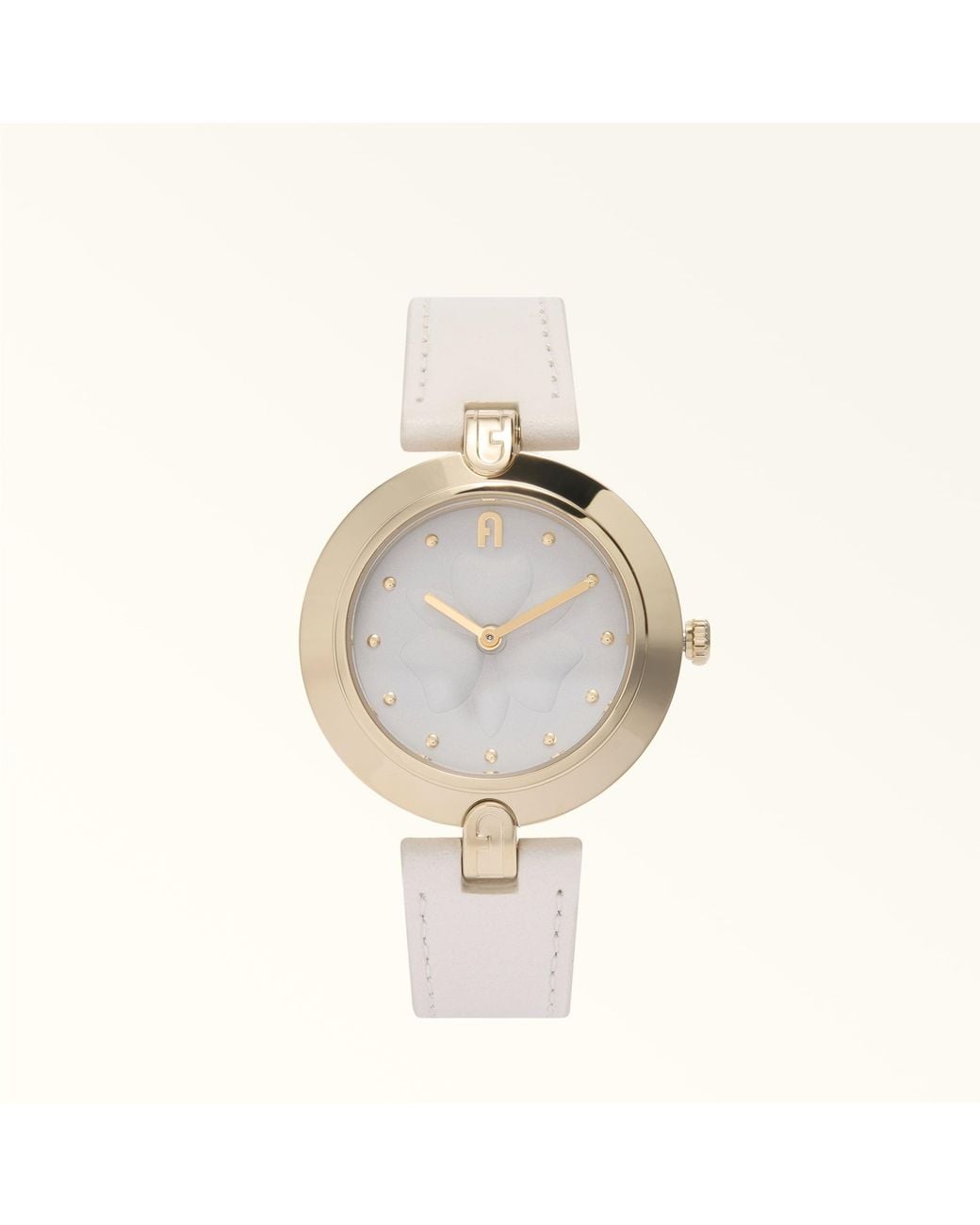 Furla Metallic Logo Links Round Case Watch Panna Leather + Metal