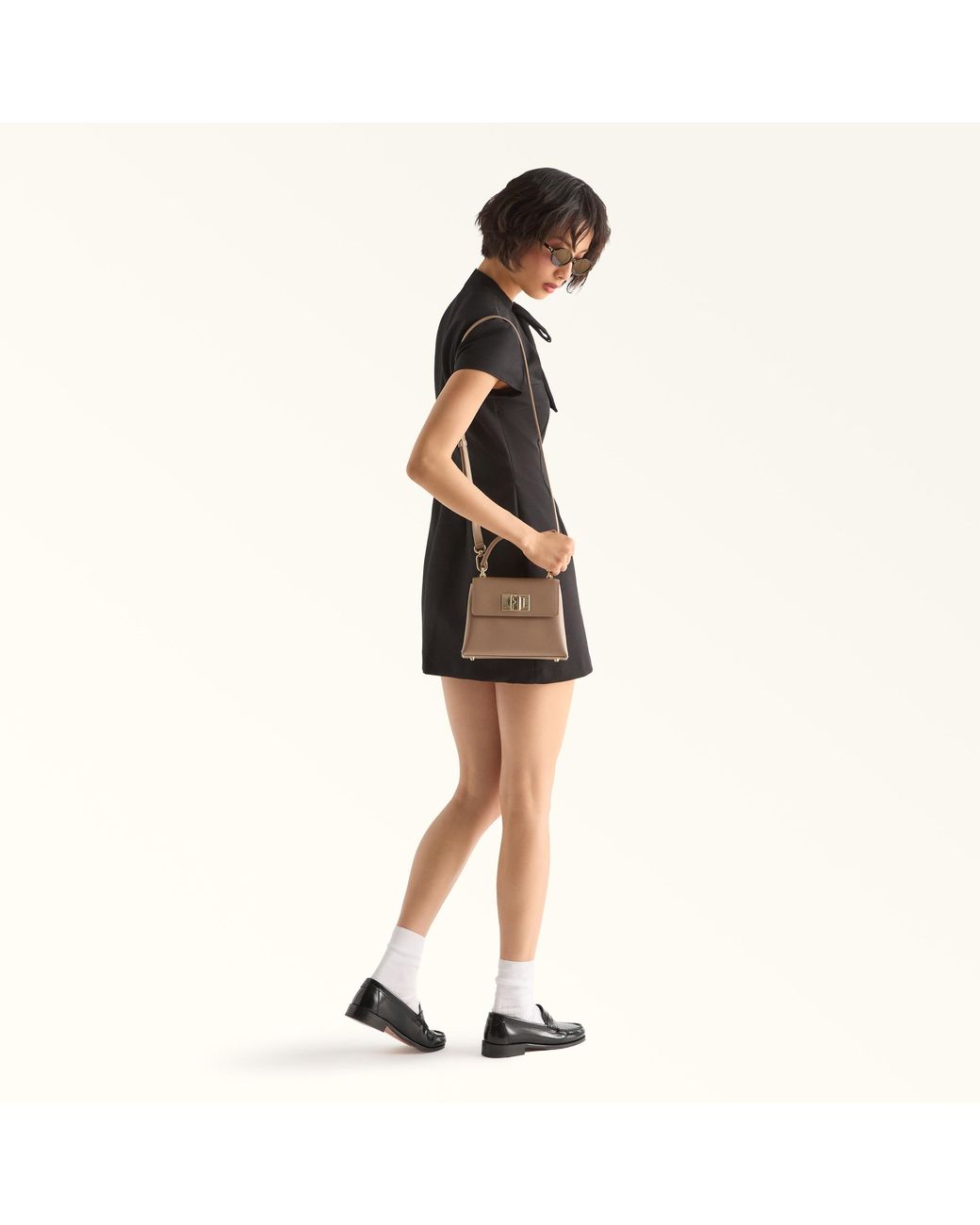 Furla Brown 1927 Top Handle Mini Greige Textured Leather