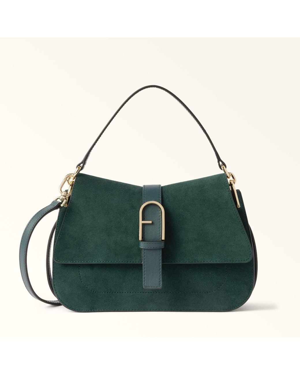 Furla Green Flow Top Handle Toni Dark Forest Suede + Claris Lux Calf Leather