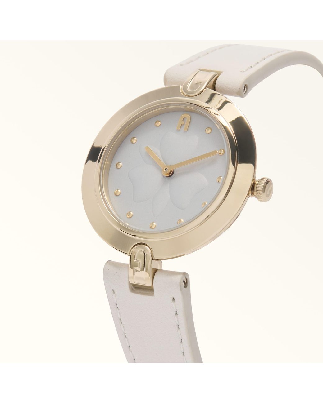 Furla Metallic Logo Links Round Case Watch Panna Leather + Metal